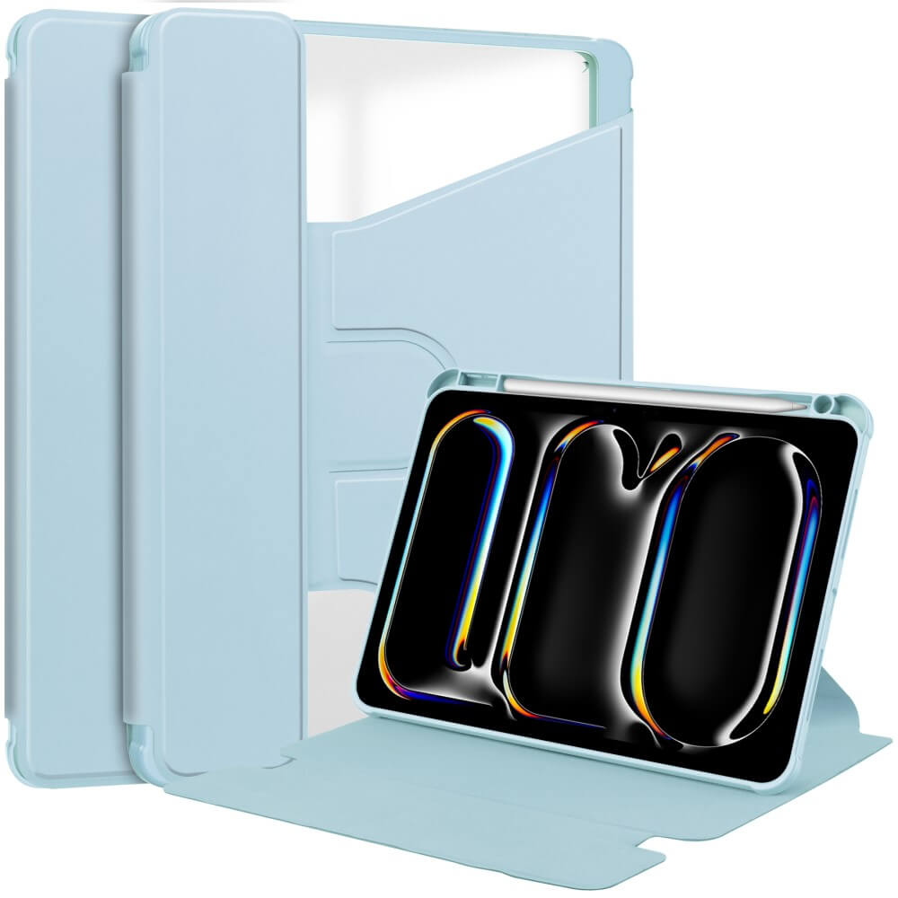Custodia azzurra per tablet con porta stilo, che sorregge un tablet con display colorato.