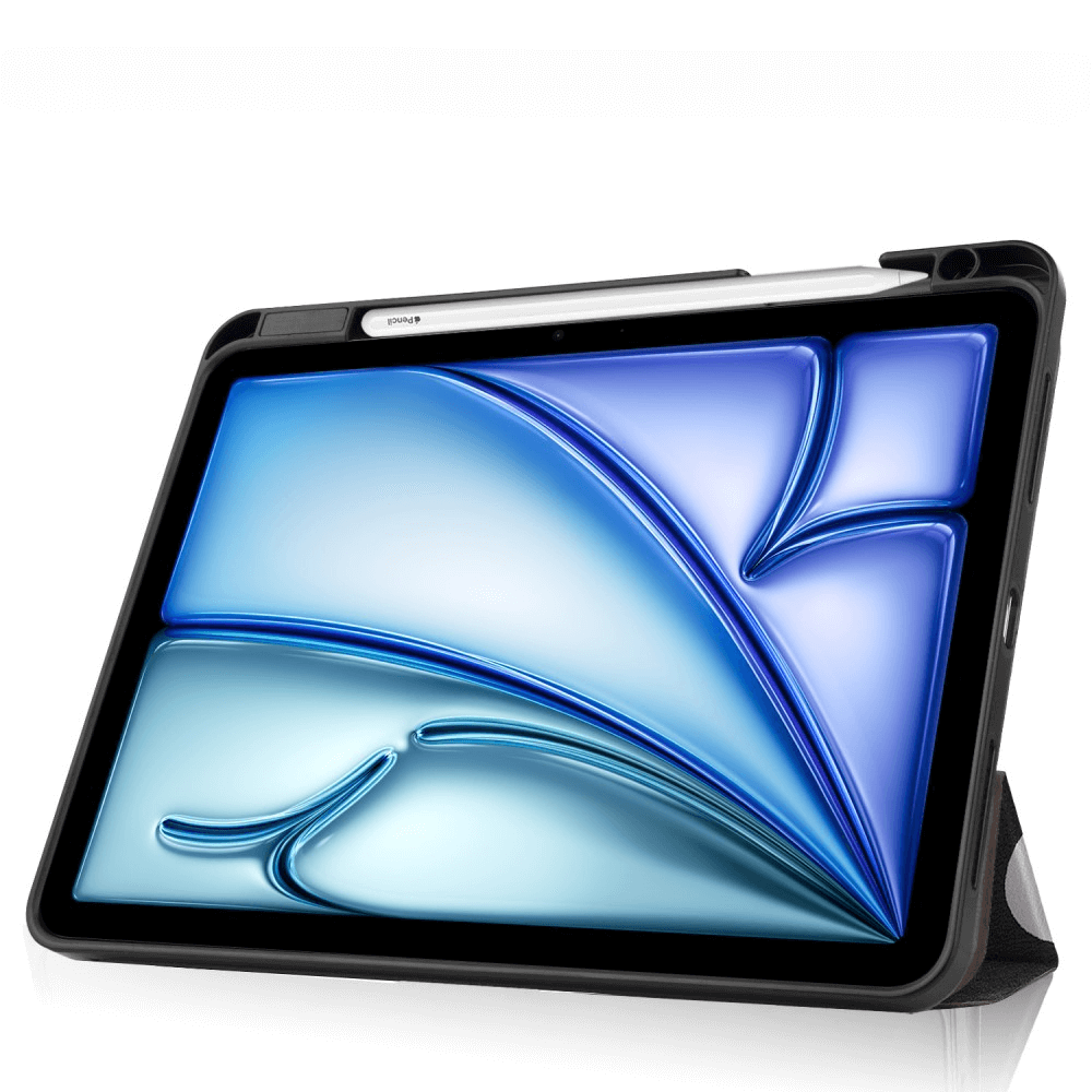 Une tablette dans un étui noir avec un stylet, debout sur un support.