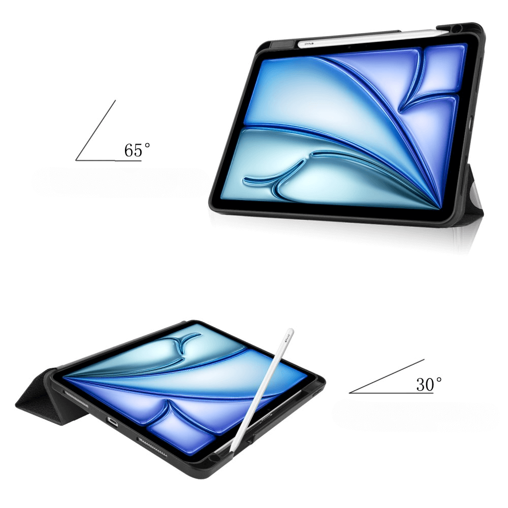 Une tablette dans un étui noir, montrée sous deux angles (65° et 30°).
