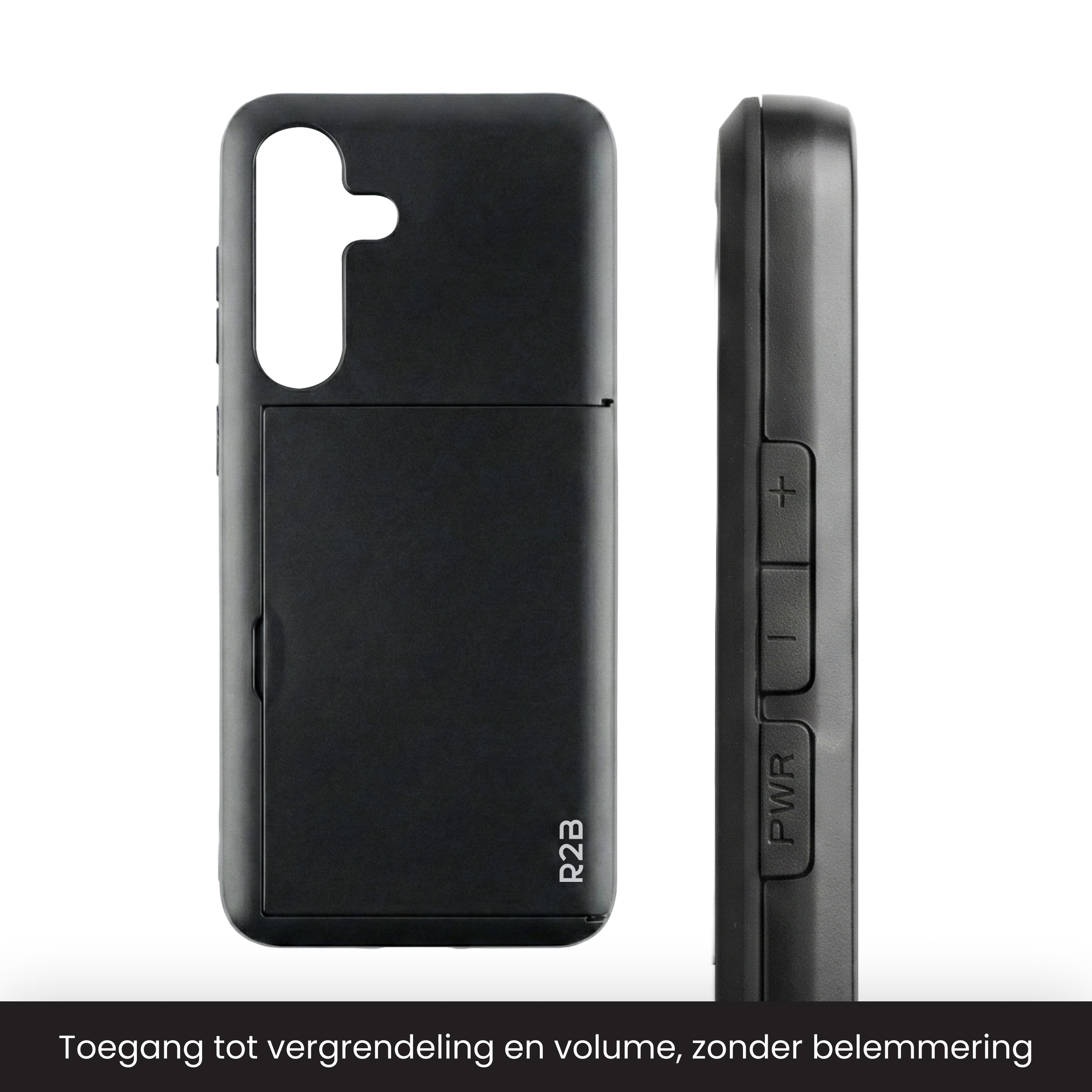 Zwarte telefoonhoes met uitsparingen en knoppen, R2B-logo.