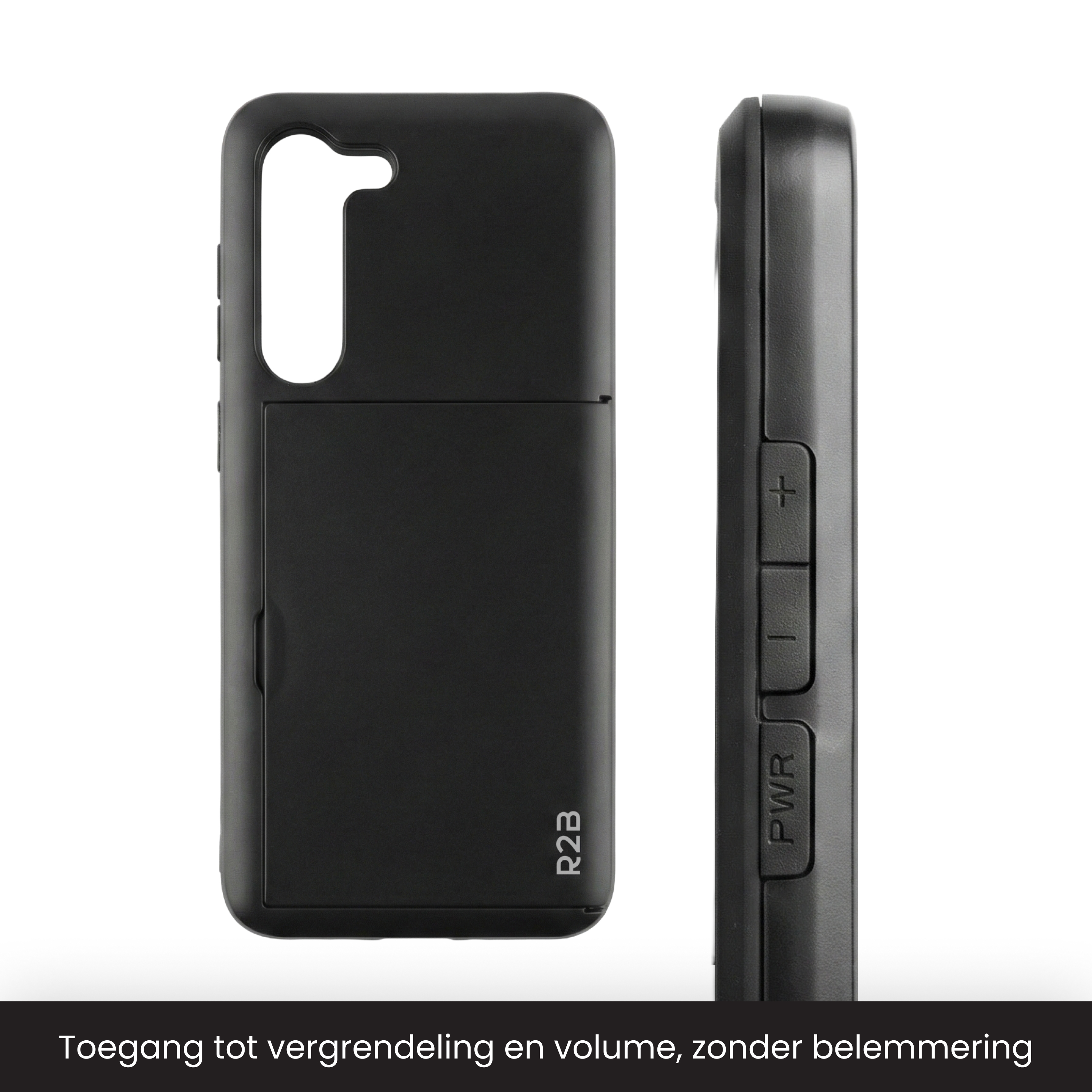 Zwarte telefoonhoes met camera-uitsparing en knoppen. R2B-logo.