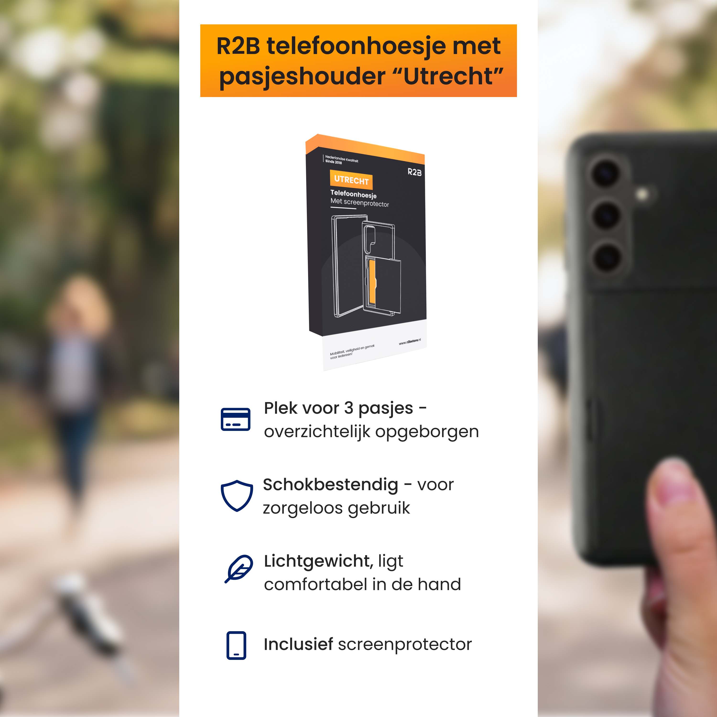 R2B Handyhülle mit Kartenfach "Utrecht". Bietet Platz für 3 Karten, ist stoßfest & leicht.