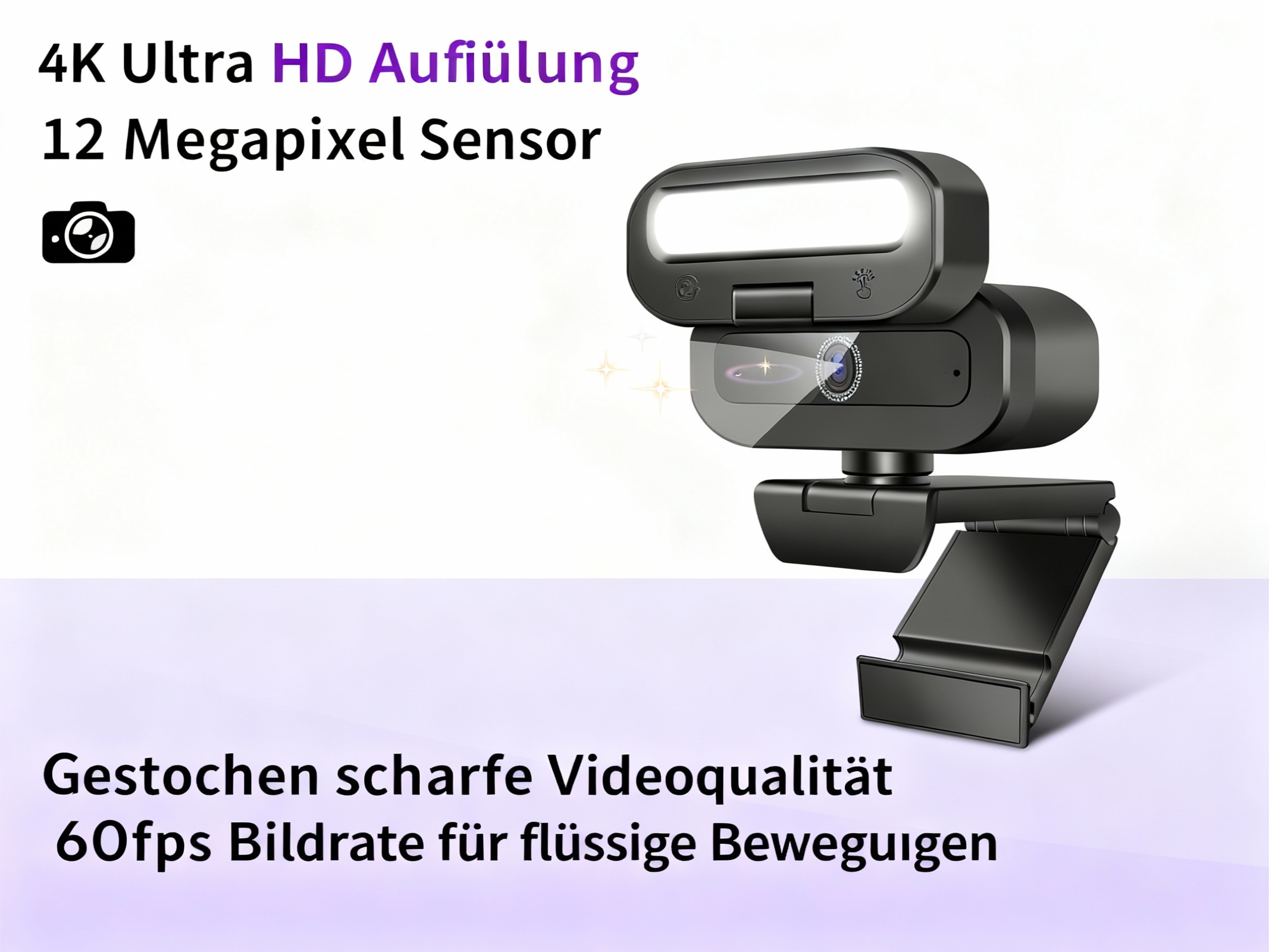Eine schwarze Webcam mit Ringlicht und 12 MP Sensor.
