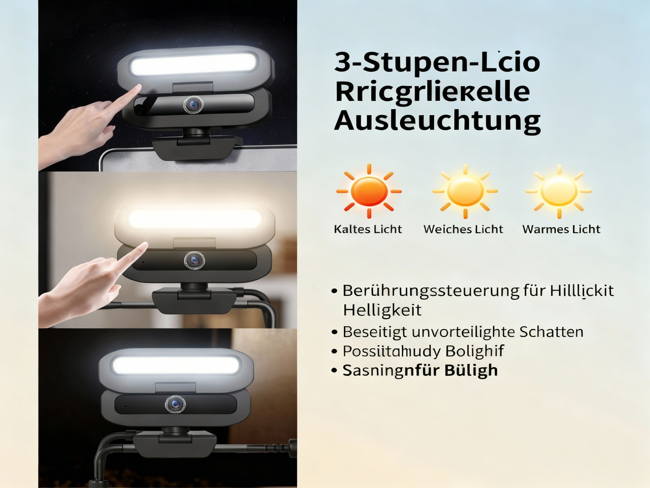 Eine Person berührt ein Ringlicht mit drei Helligkeitsstufen: Kalt, Weich, Warm.