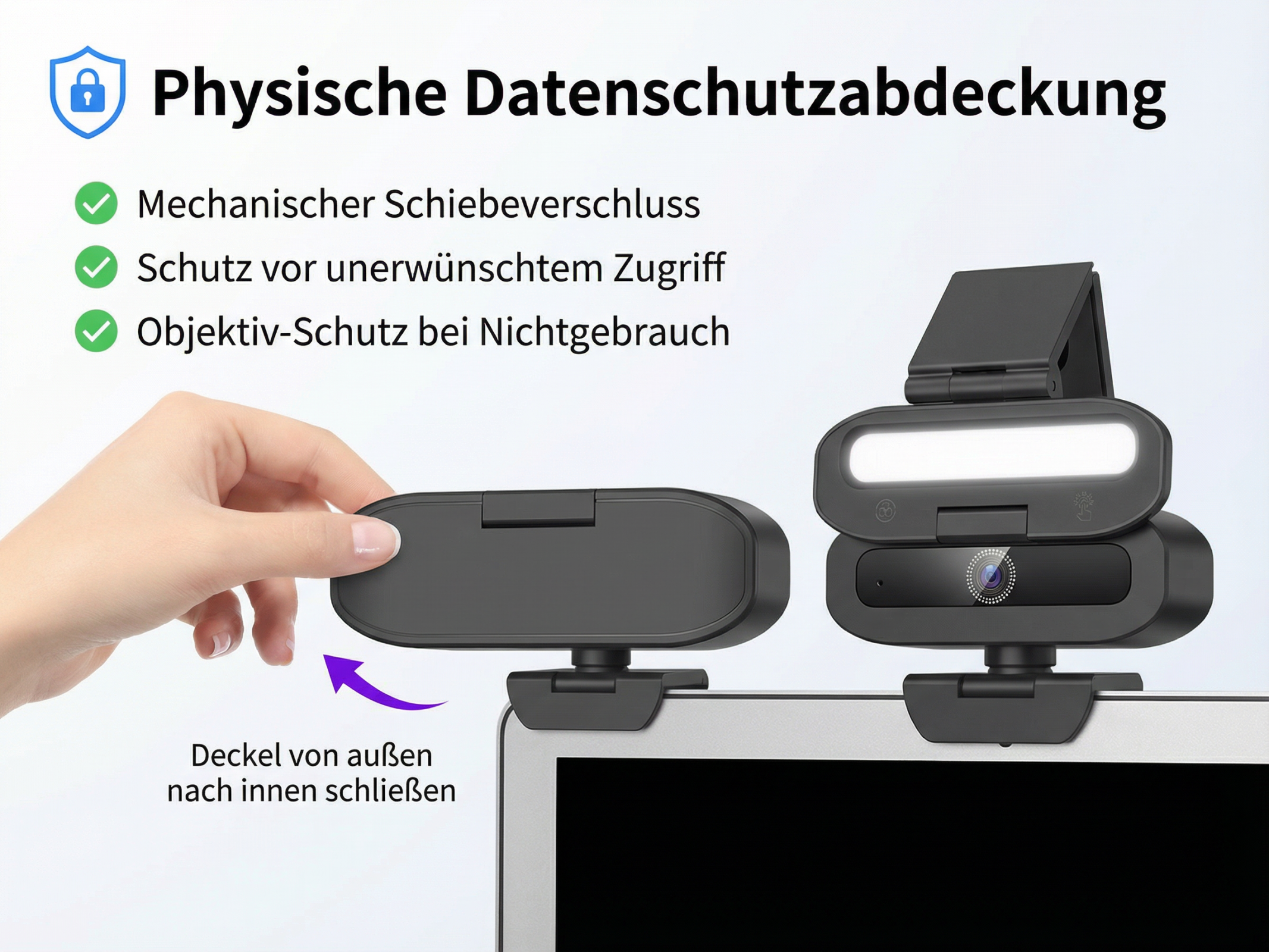 Eine Hand schiebt eine schwarze Webcam-Abdeckung über die Linse einer Laptop-Kamera.