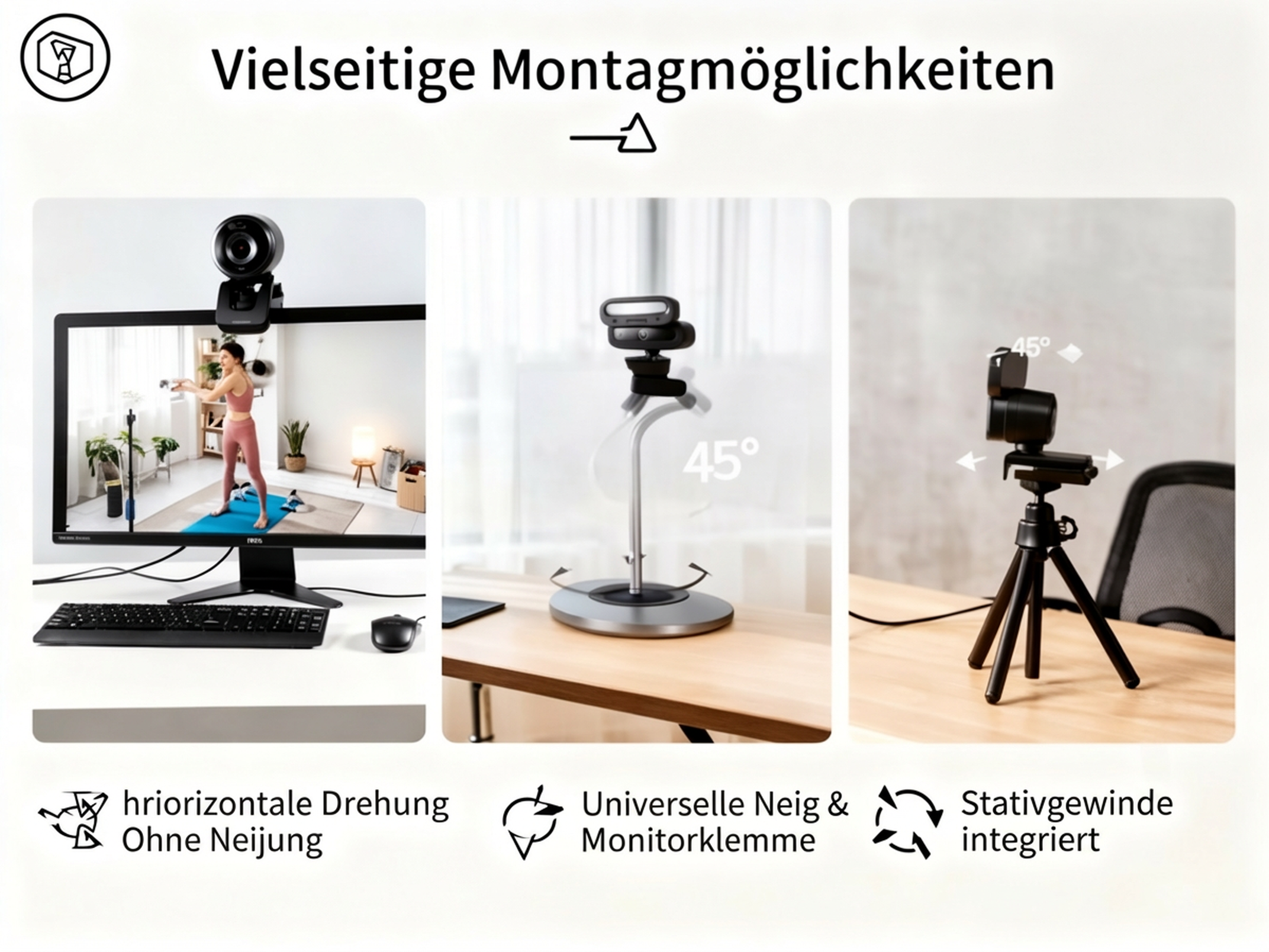 Webcam-Montageoptionen: am Monitor, auf flexiblem Ständer, auf Stativ.
