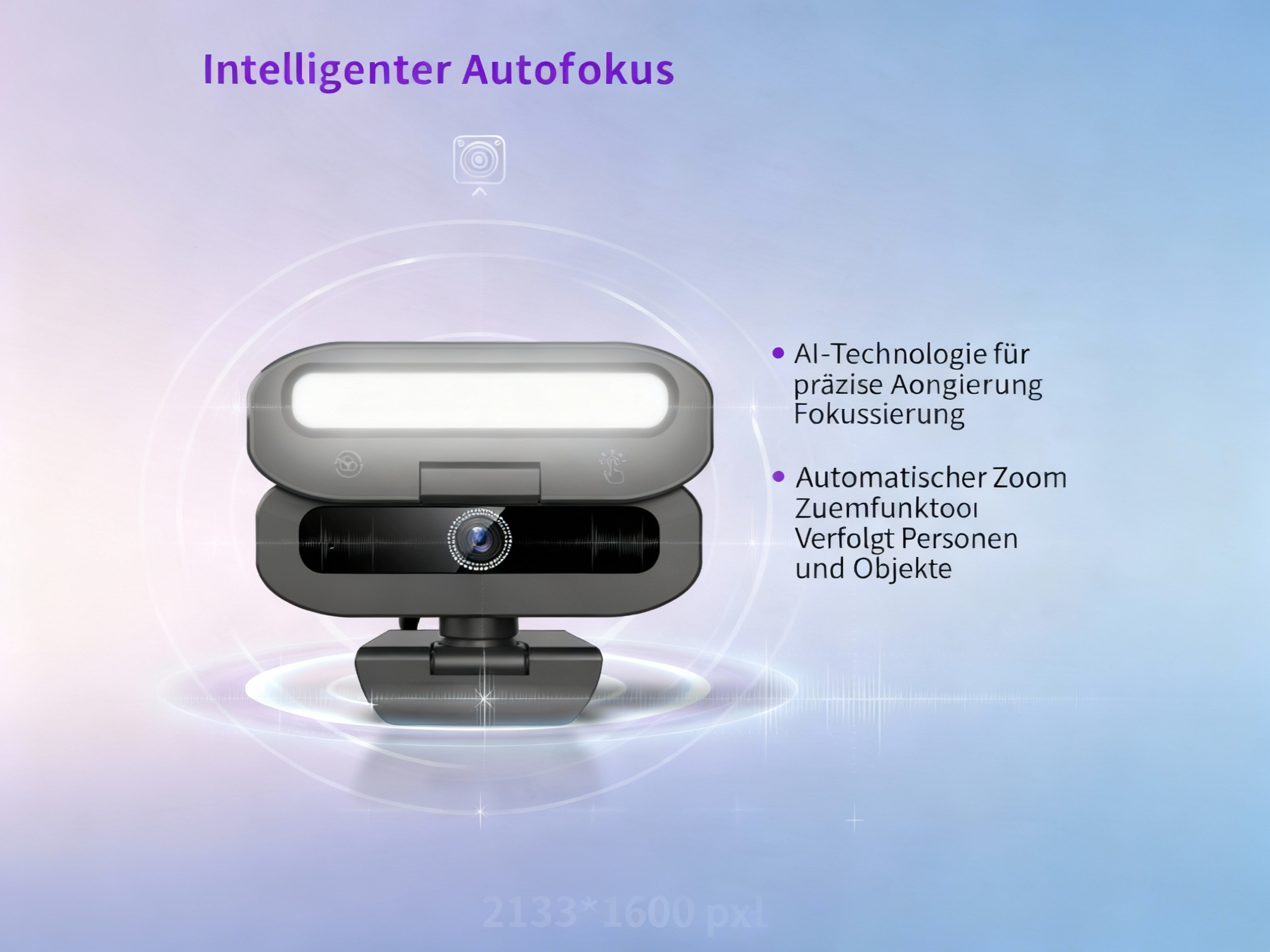 Graue Webcam mit Lichtleiste, Fokus-Symbol und Text über KI-Funktionen.