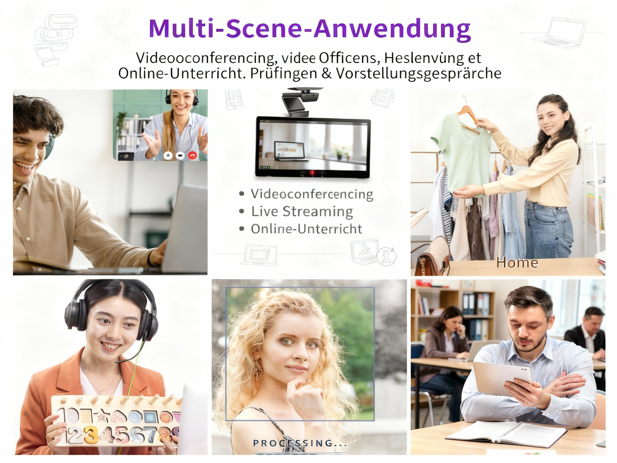 Collage zeigt Videokonferenzen, Online-Unterricht, Shopping und Büroarbeit.