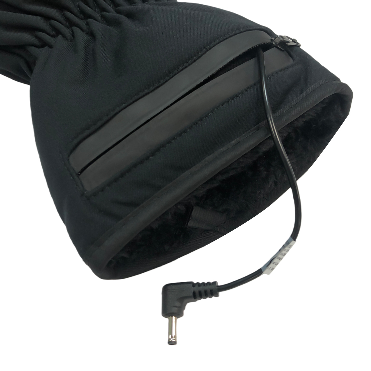 Schwarzer Handschuh mit Reißverschluss und einem Kabel mit Stecker