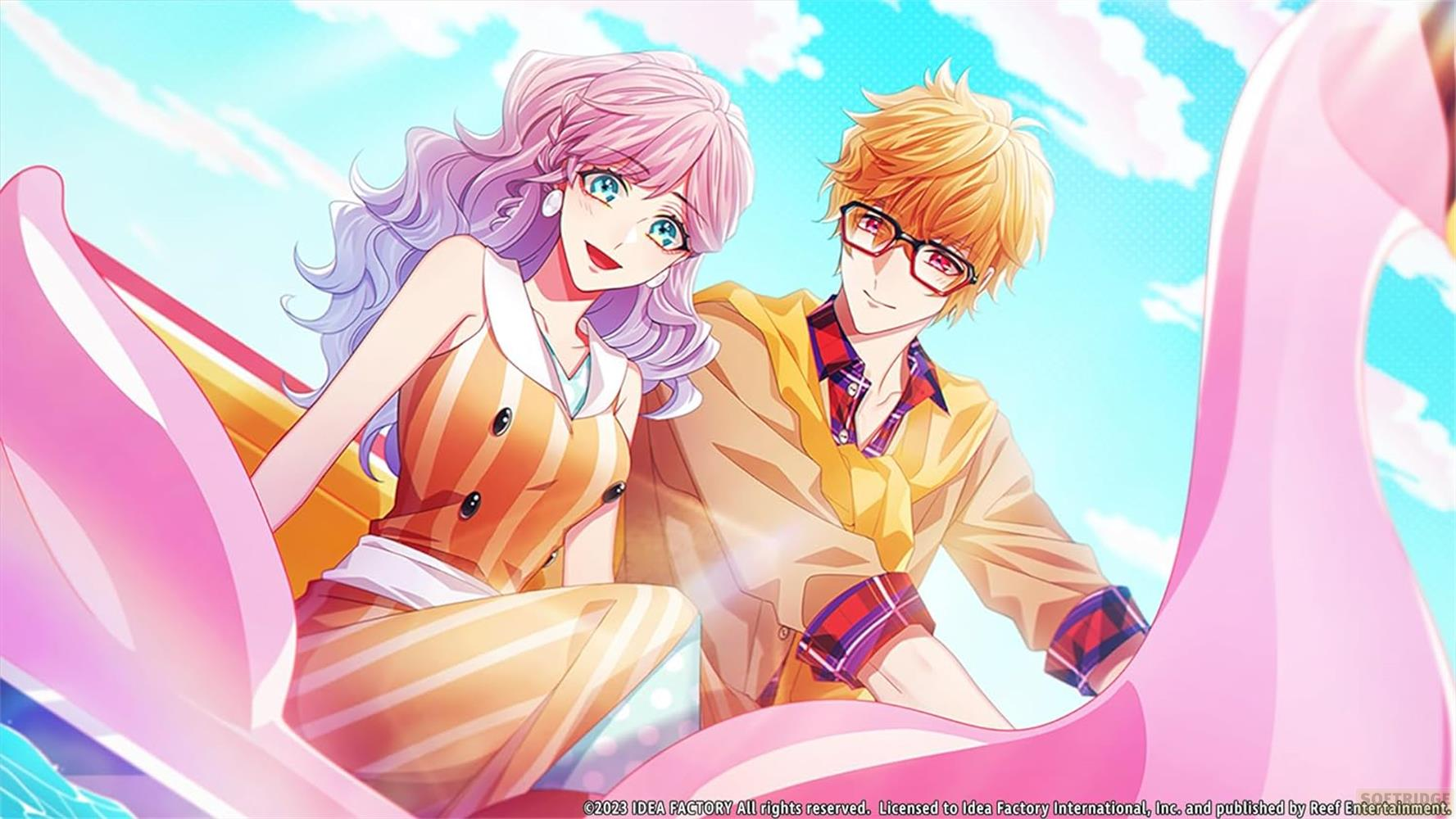 Ein Anime-Paar sitzt auf einer rosa Luftmatratze unter blauem Himmel.