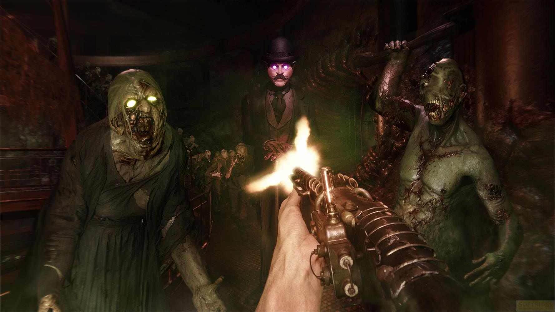 Gracz strzela z broni do grupy zombie, z mężczyzną w cylindrze w tle.