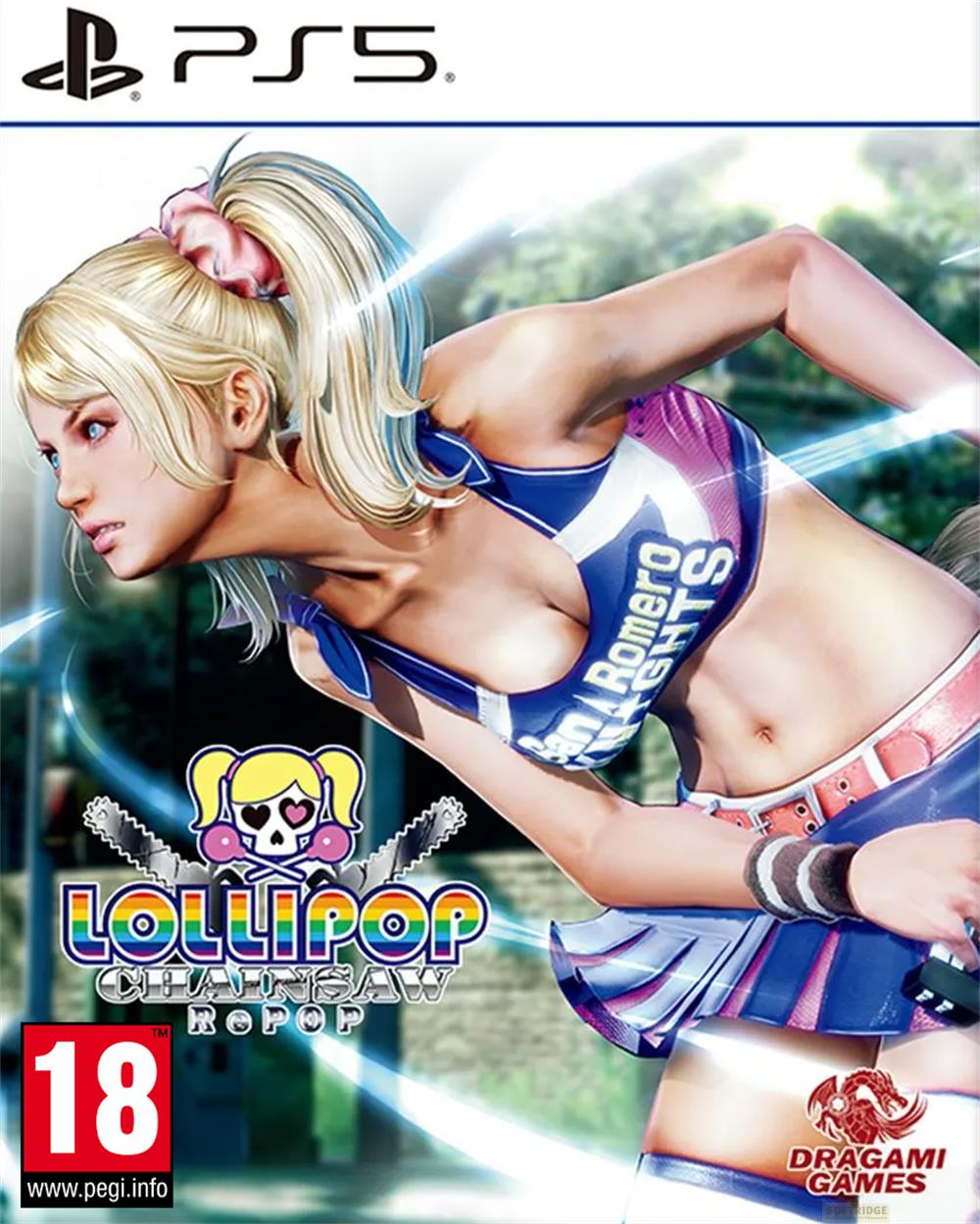 Una cheerleader bionda con logo motosega, logo PS5 e classificazione 18.