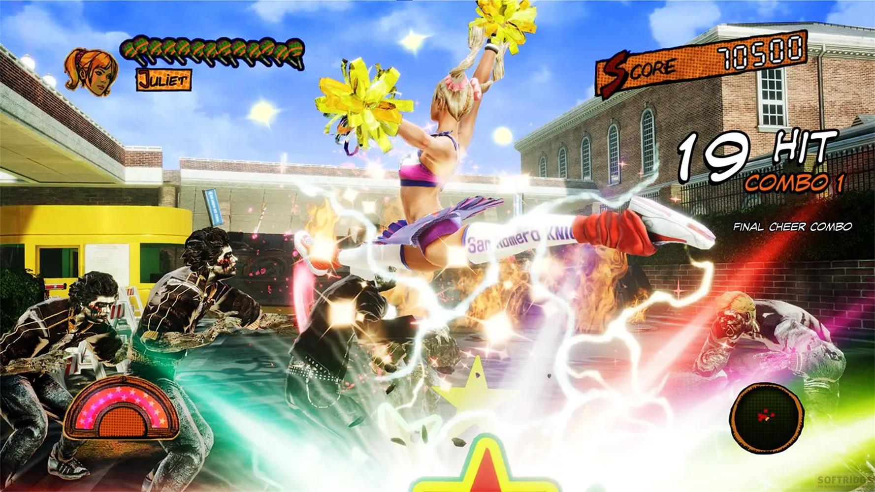 Cheerleader attacca zombie in aria, con contatore combo e punteggio.