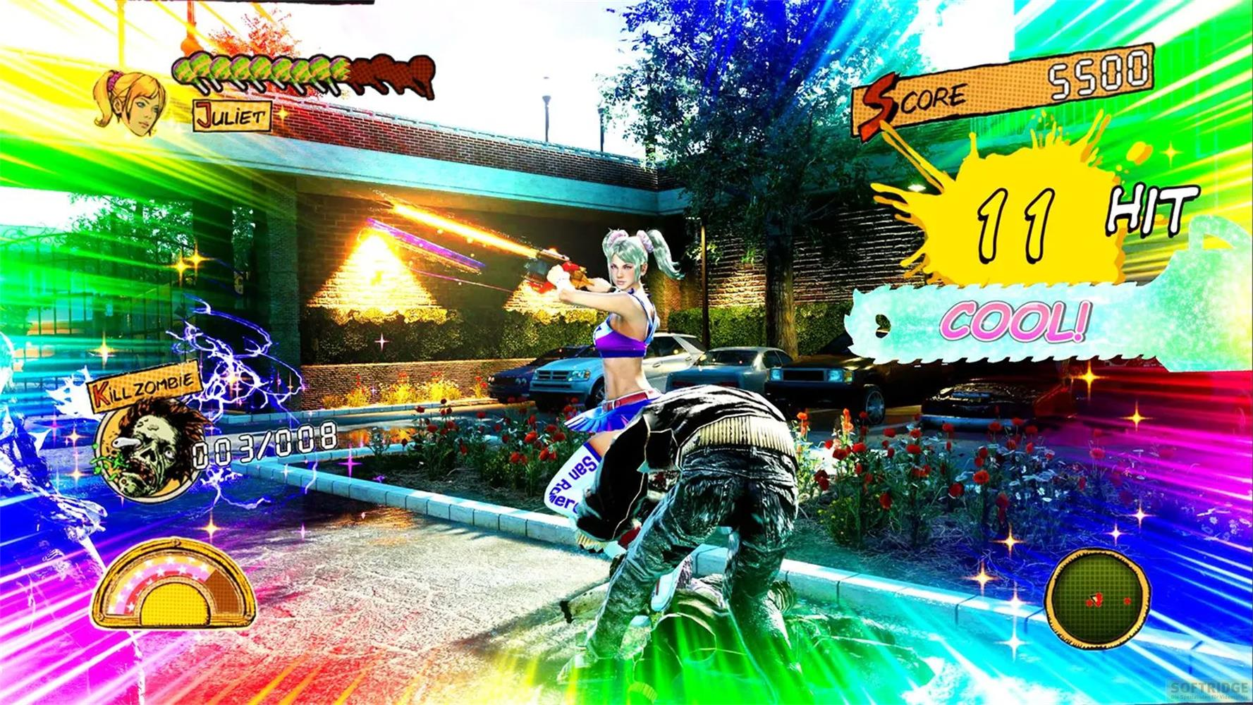 Una donna spara agli zombie in un gioco colorato.