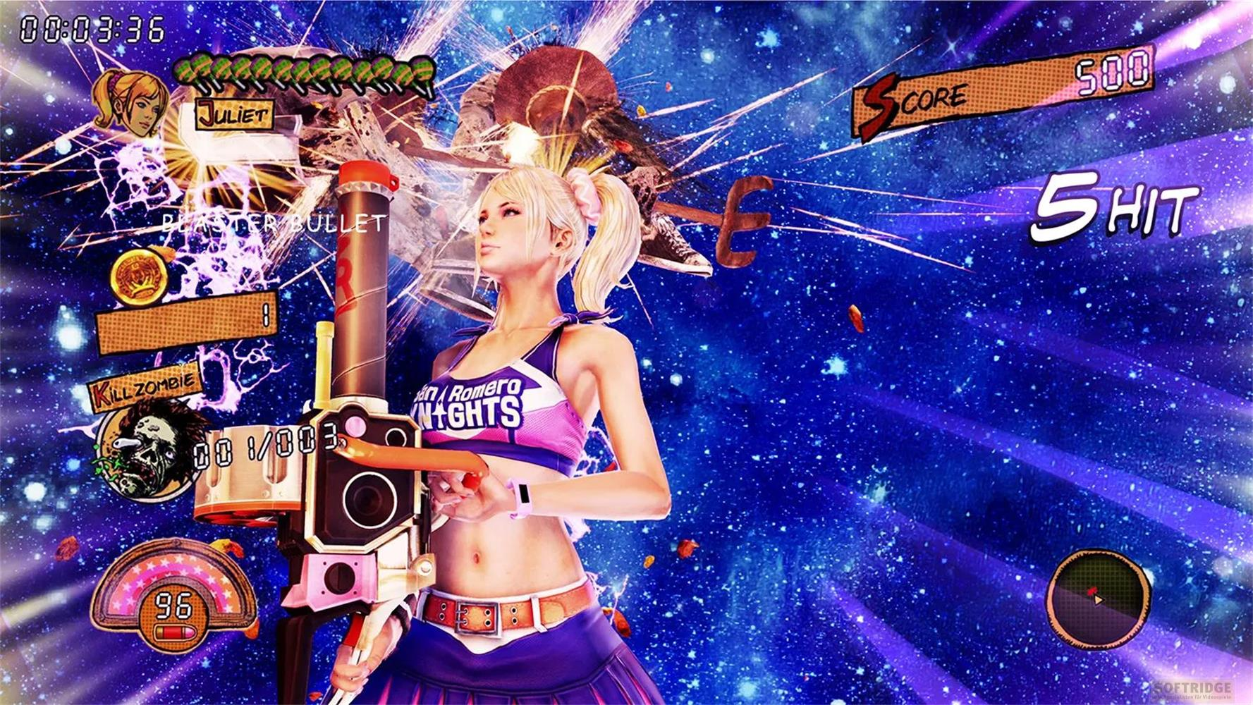 Una cheerleader con una pistola su sfondo blu stellato. L'interfaccia di gioco è visibile.
