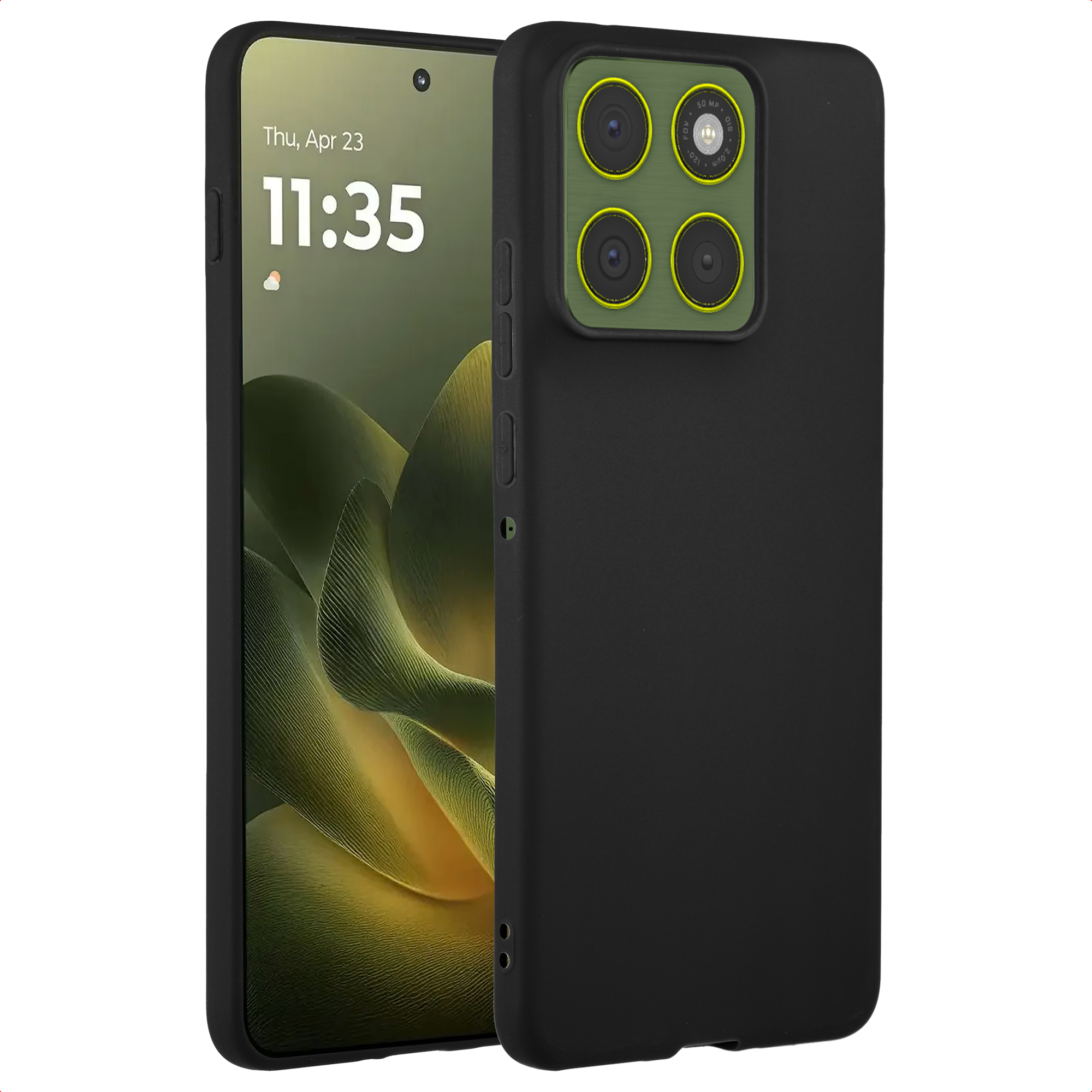Een zwarte smartphone met vier camera's en een groen accent.