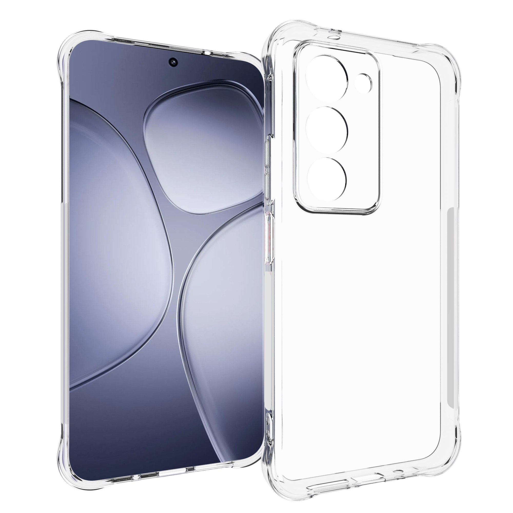 Une coque de téléphone transparente est à côté d'un smartphone avec fond bleu.