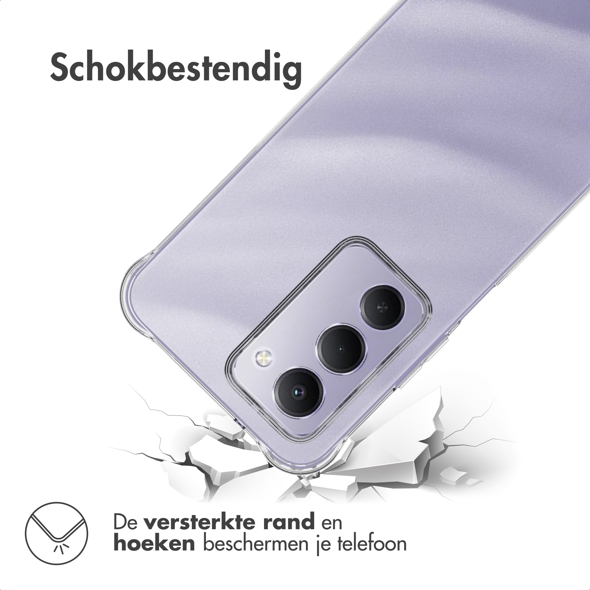 Coque de téléphone antichoc avec coins renforcés sur sol brisé.