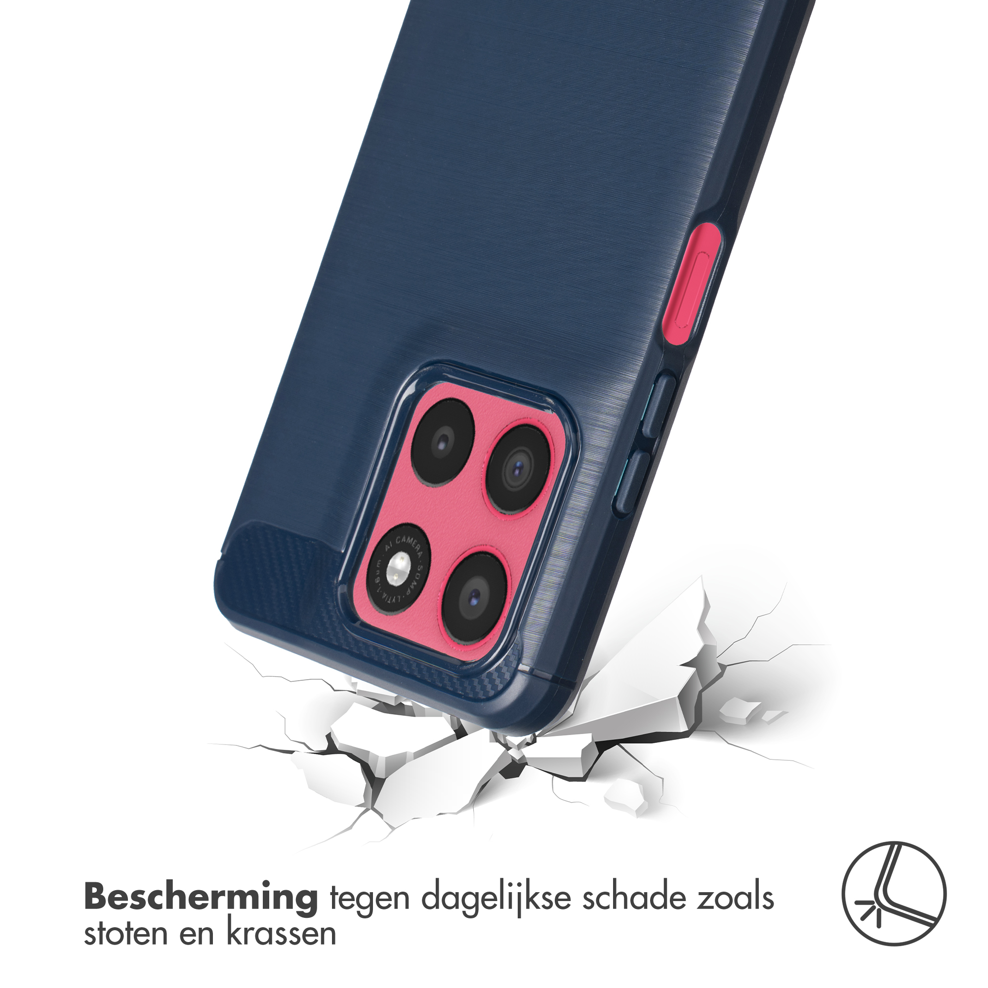 Une coque de téléphone bleu foncé brise le sol blanc.