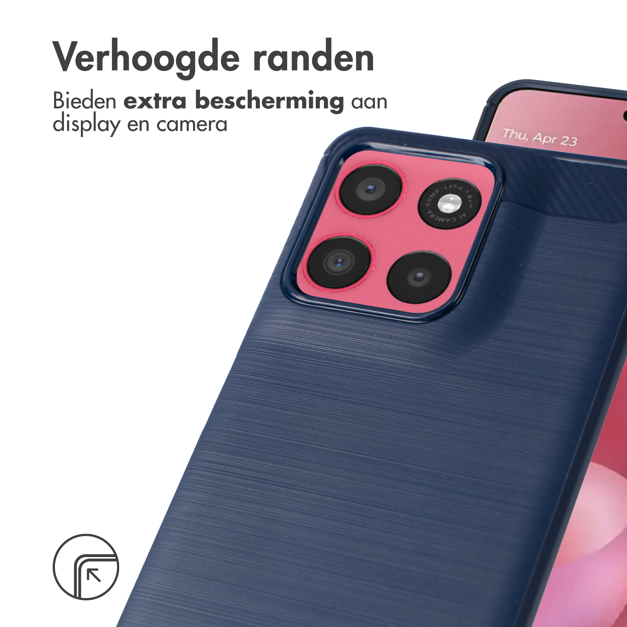 Coque de téléphone bleu foncé avec découpe caméra et date à l'écran.