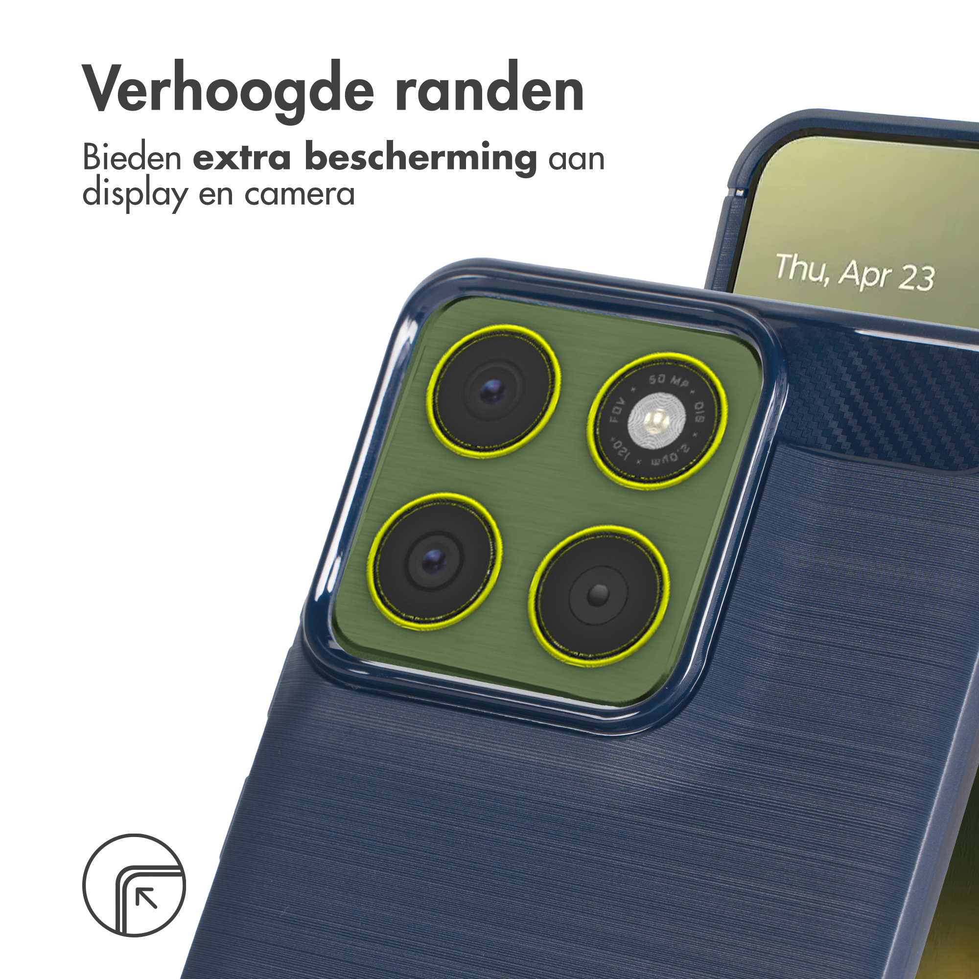 Dunkelblaues Handy mit vier Kameras und einem Bildschirm, der den 23. April anzeigt.