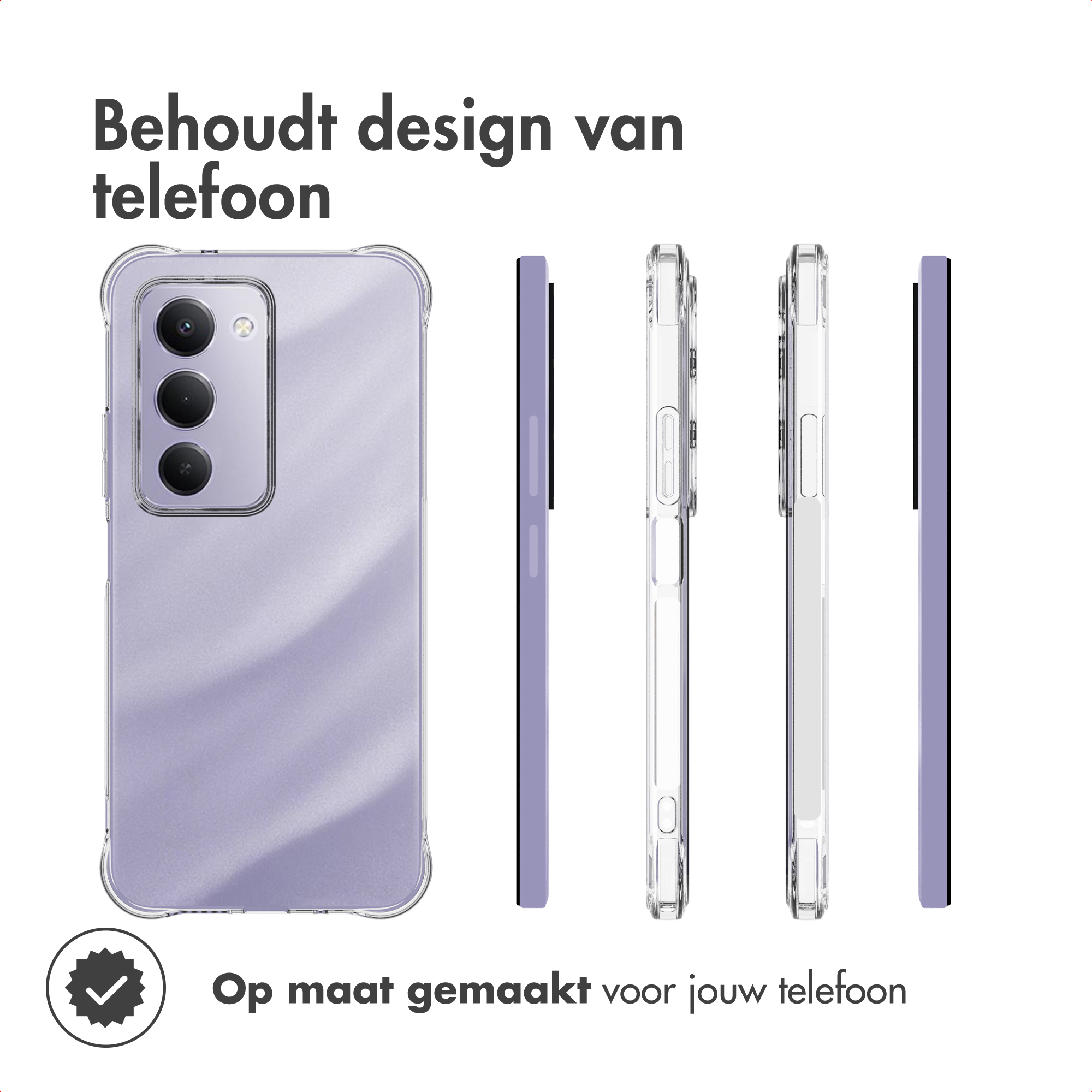 Prototype de coque de téléphone transparente avec accents violets.