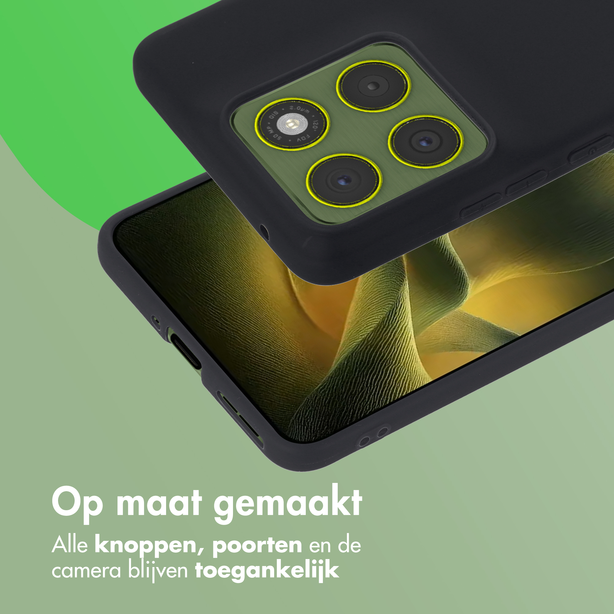 Zwarte telefoonhoes met vier camera's op groene achtergrond.