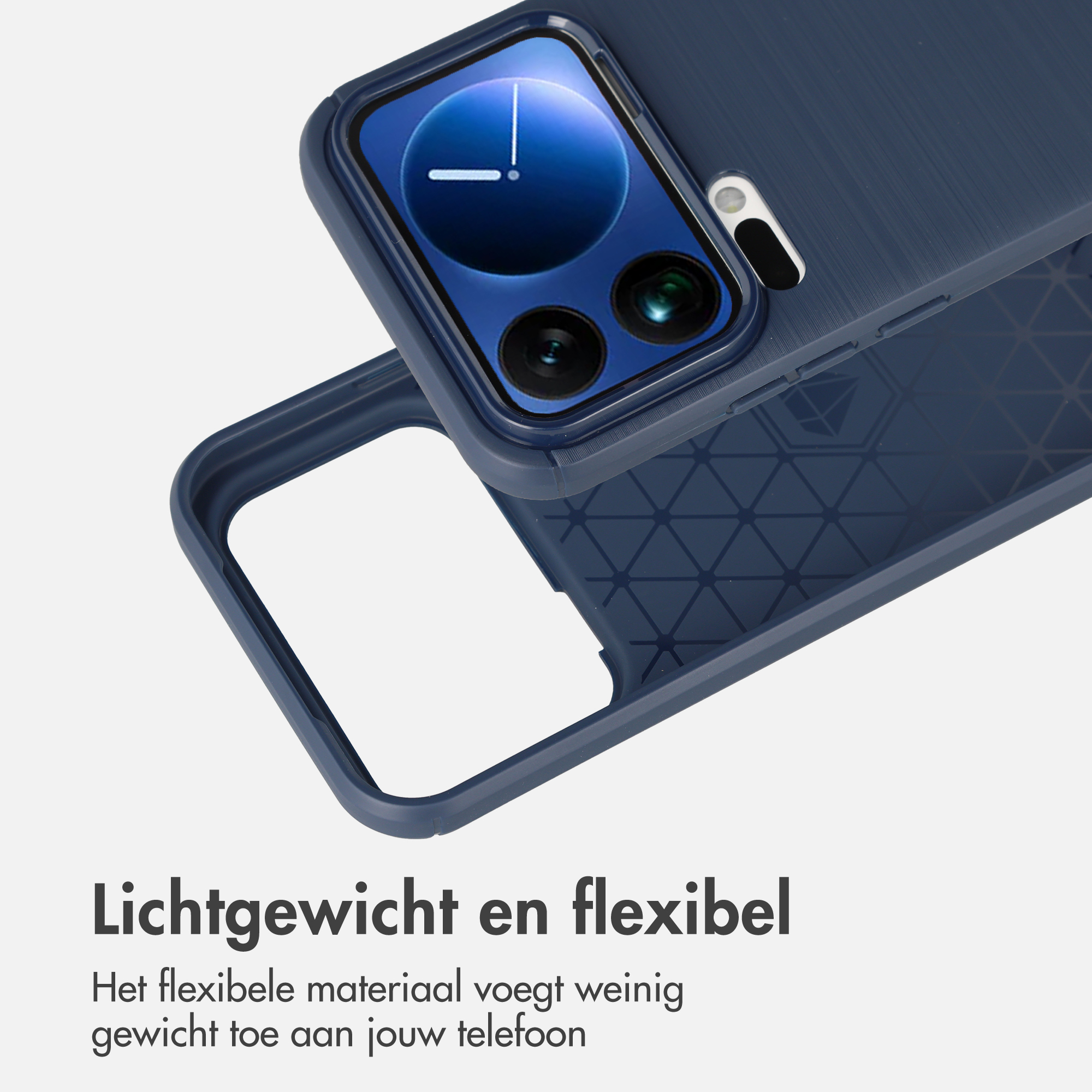 Dunkelblaue Handyhülle mit Kamerainsel und Text.