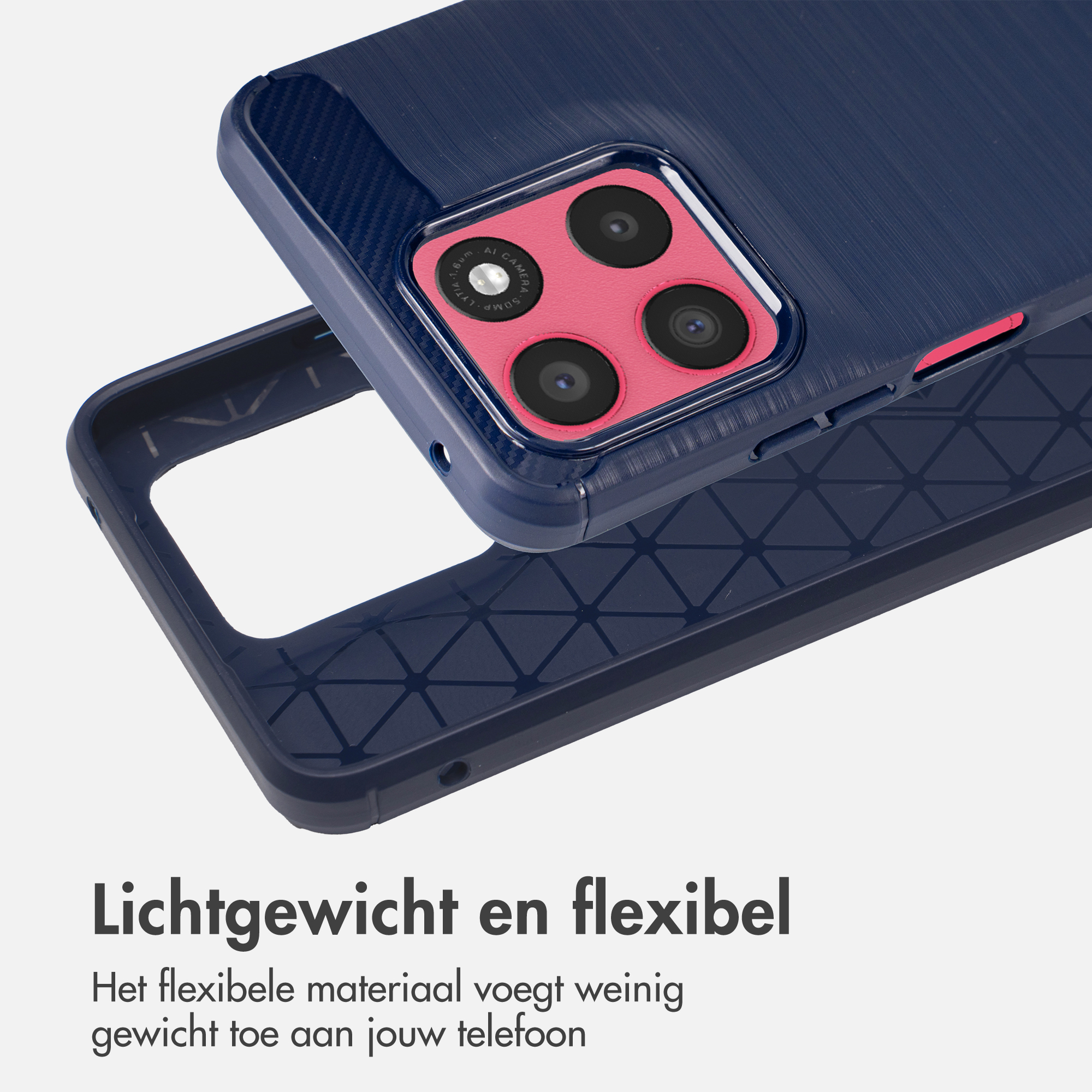 Coque de téléphone bleu foncé avec module caméra et texte.