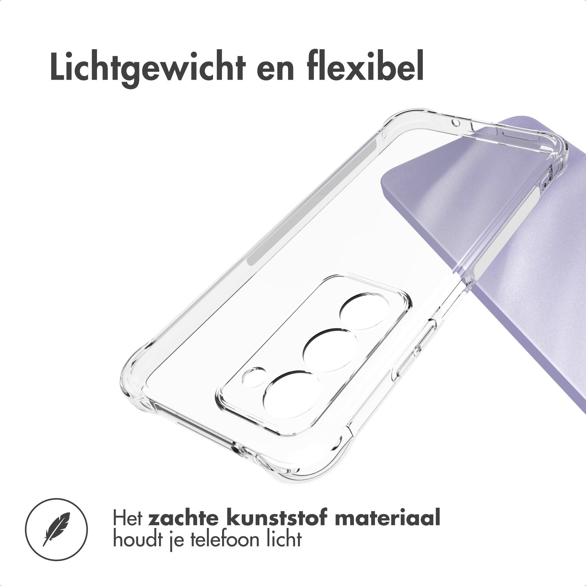 Coque de téléphone transparente sur fond violet avec texte.