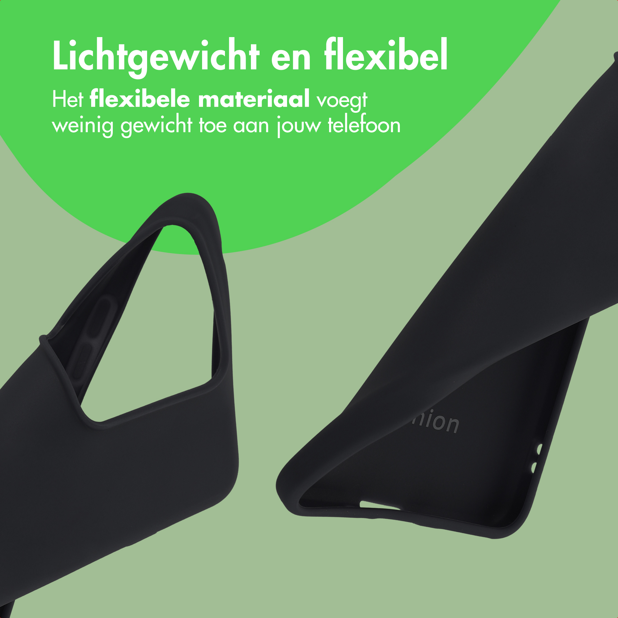Twee zwarte telefoonhoesjes op een lichtgroene achtergrond. Eén is open, de andere ligt plat.