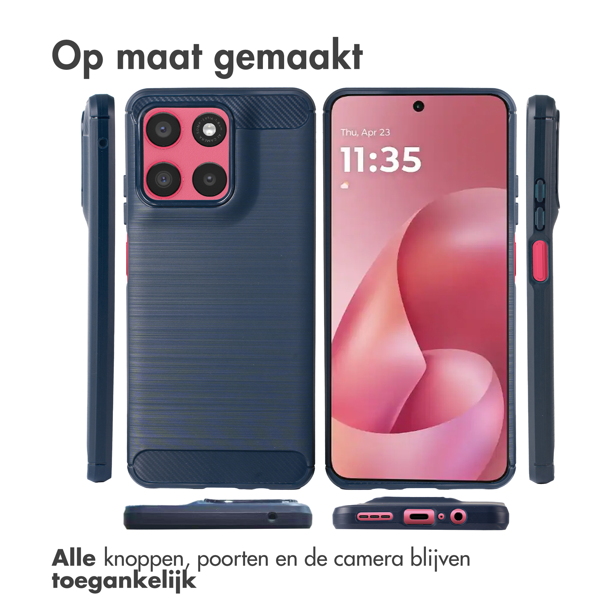 Trois vues d'une coque de téléphone bleue avec quatre objectifs et des accents rouges.