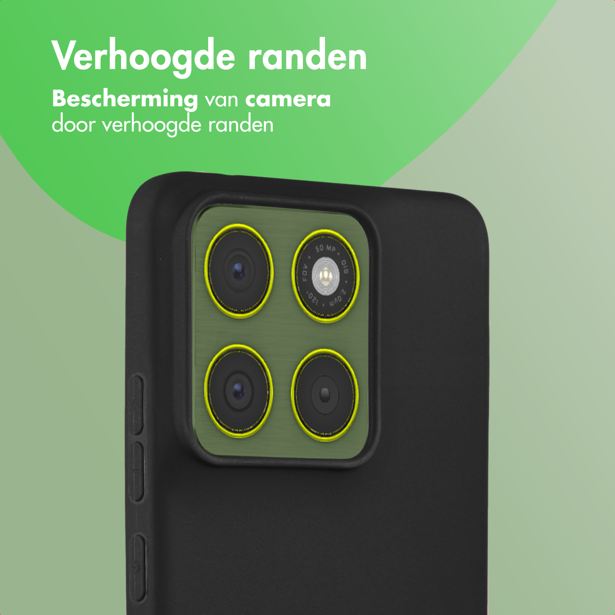 Zwarte telefoonhoes met vier camera's en gele rand op groene achtergrond.