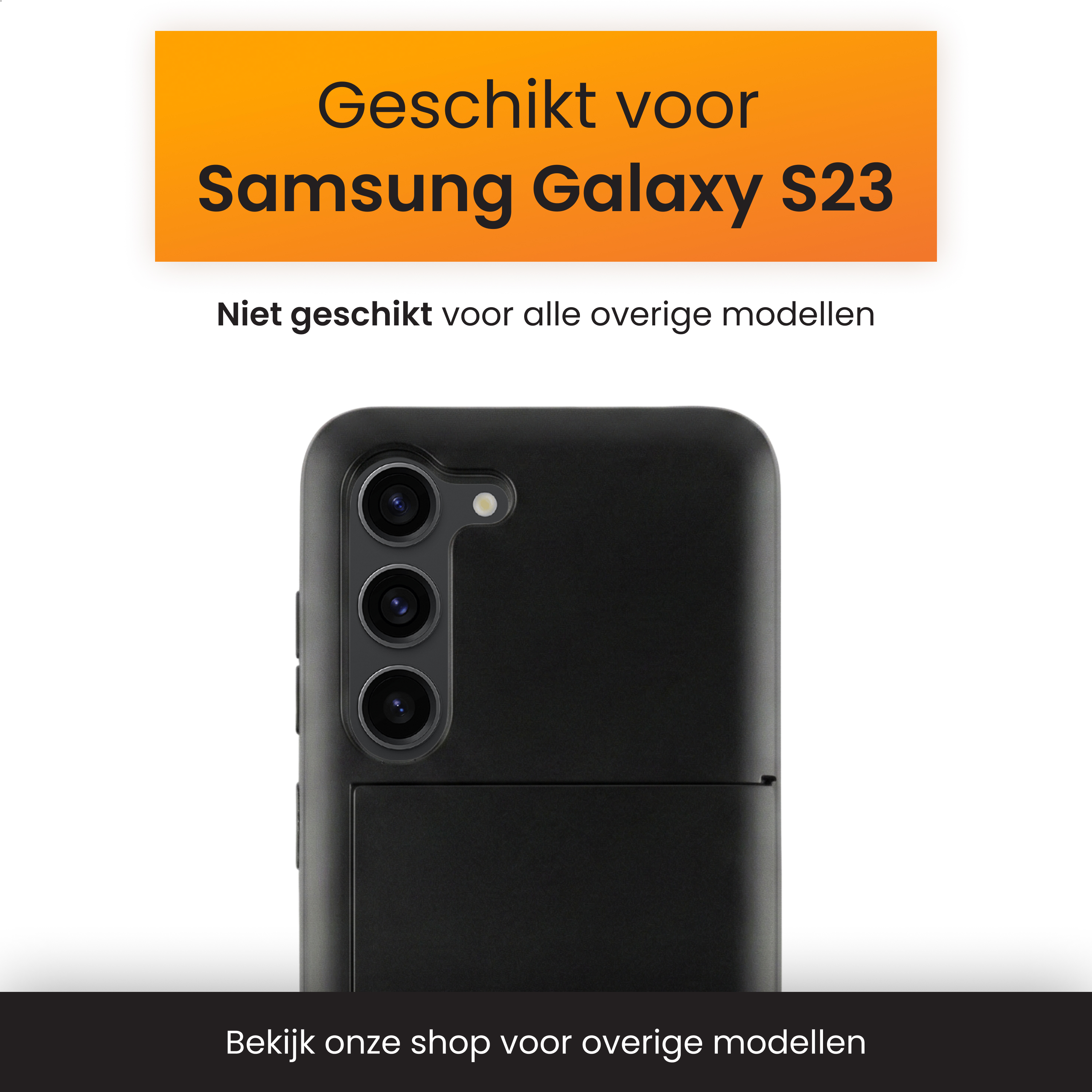 Black phone case for Samsung Galaxy S23 with three cameras.
