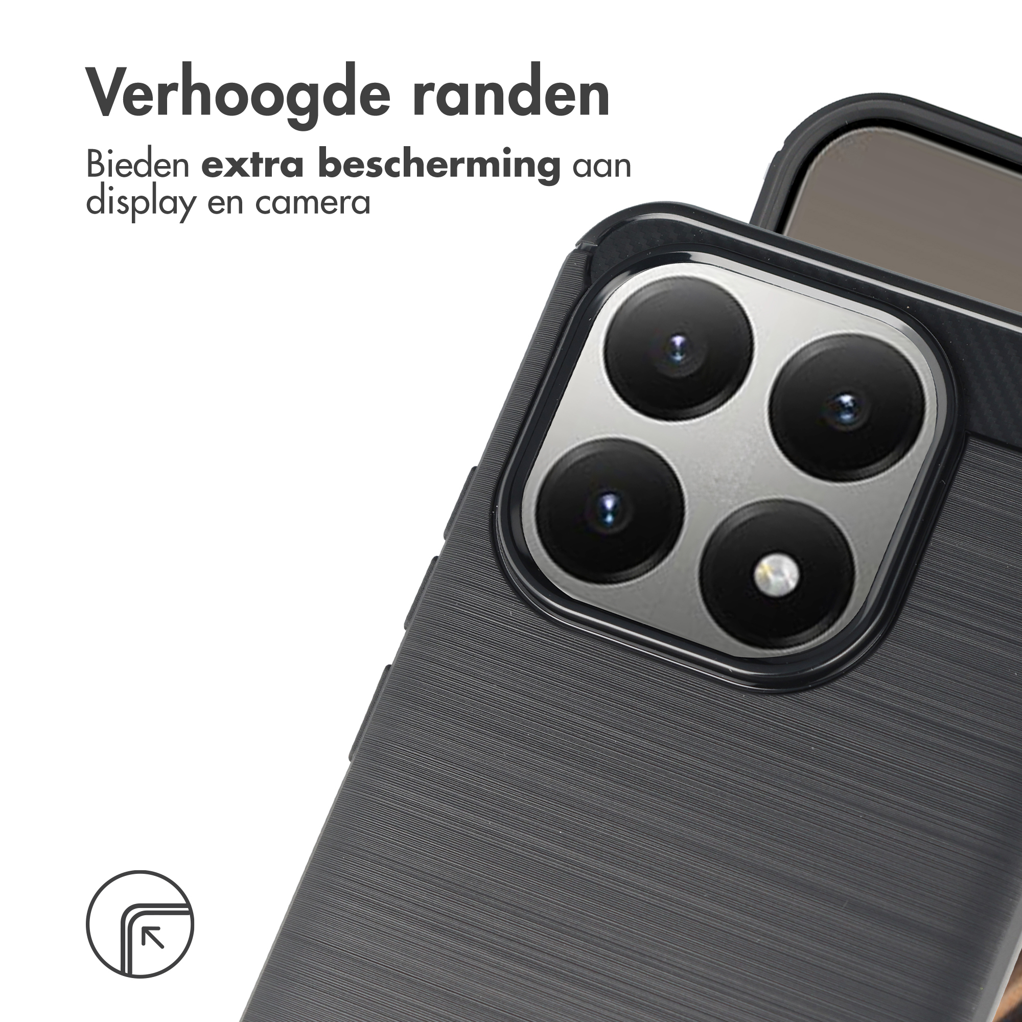 Schwarzes Handycase mit erhöhten Kanten für Display- und Kameraschutz.