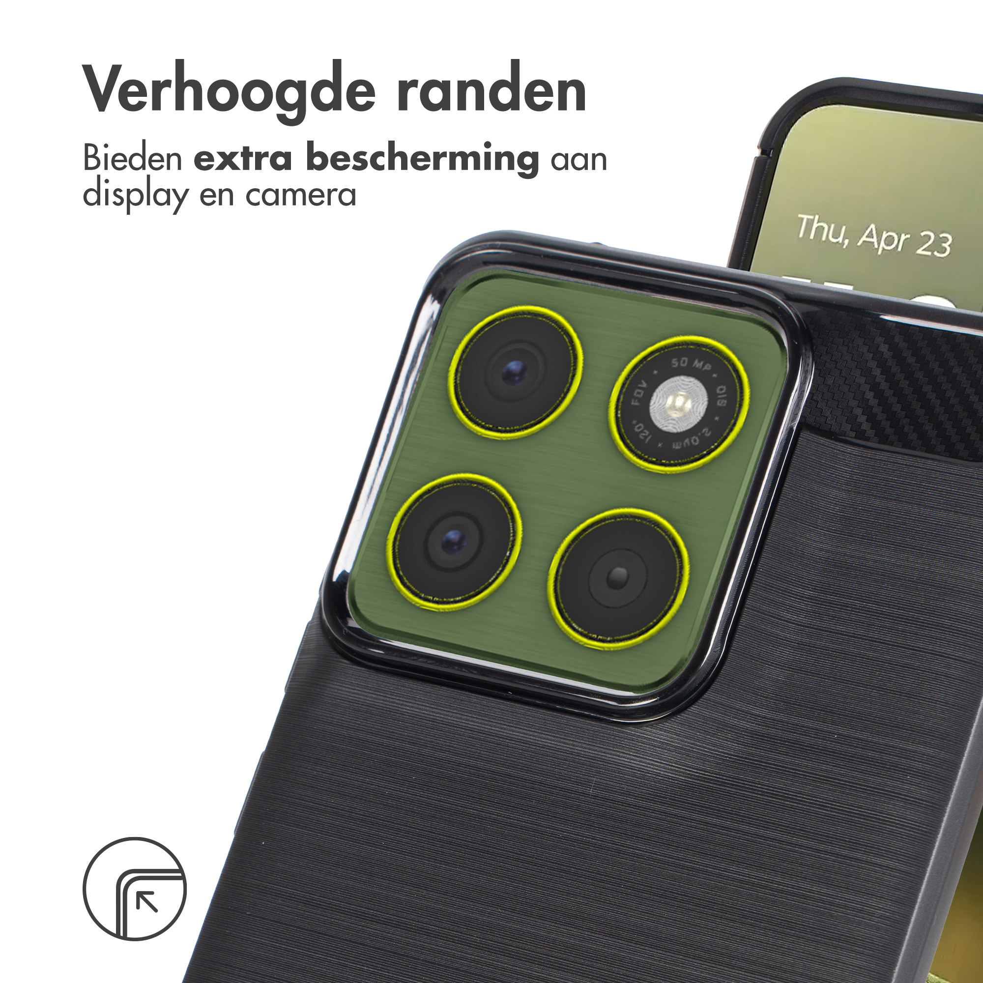 Ein schwarzes Handy mit vier Kameras und einem grünen Rahmen. Der Bildschirm zeigt den 23. April.