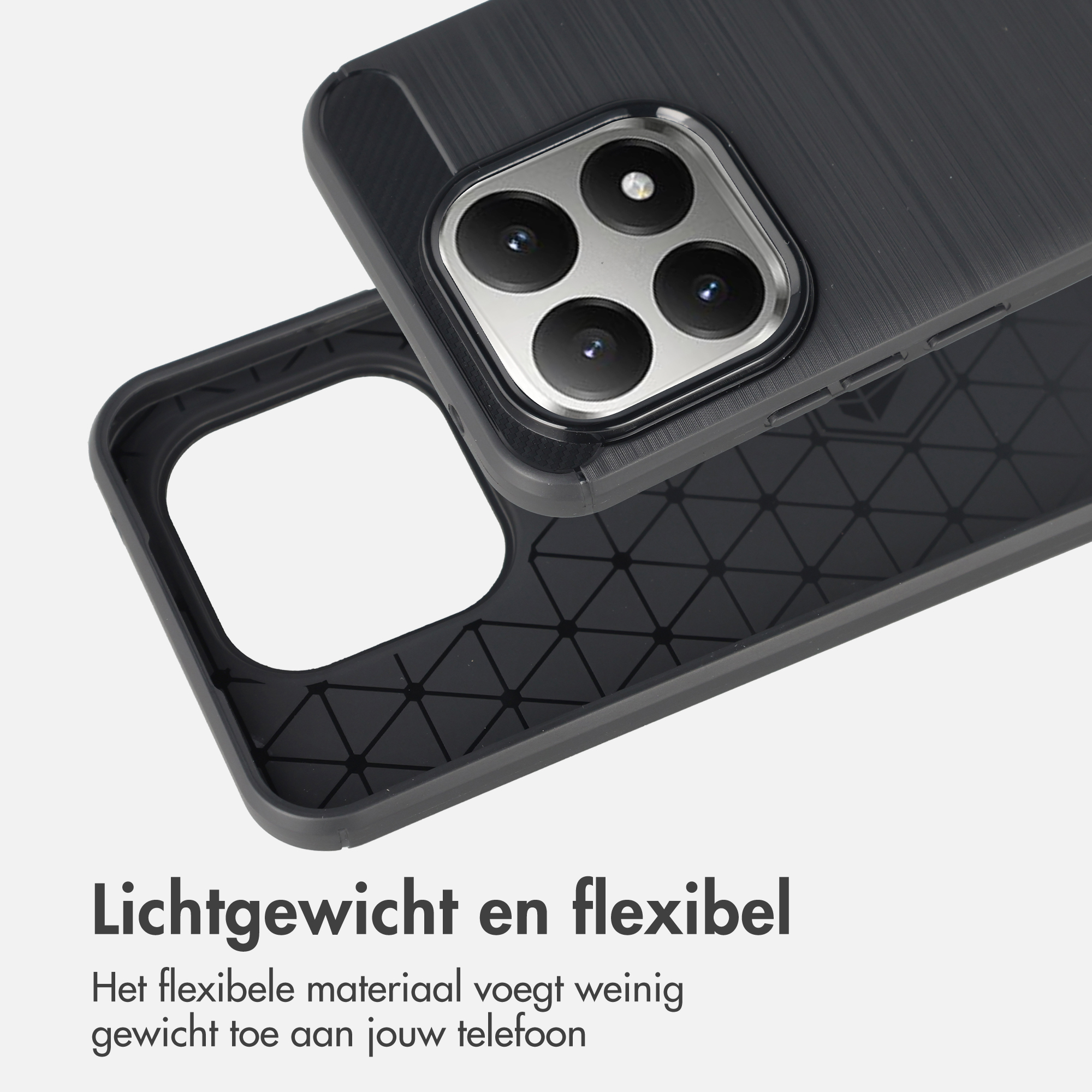 Schwarze Handyhülle mit Kameramodul und geometrischem Muster auf der Innenseite.