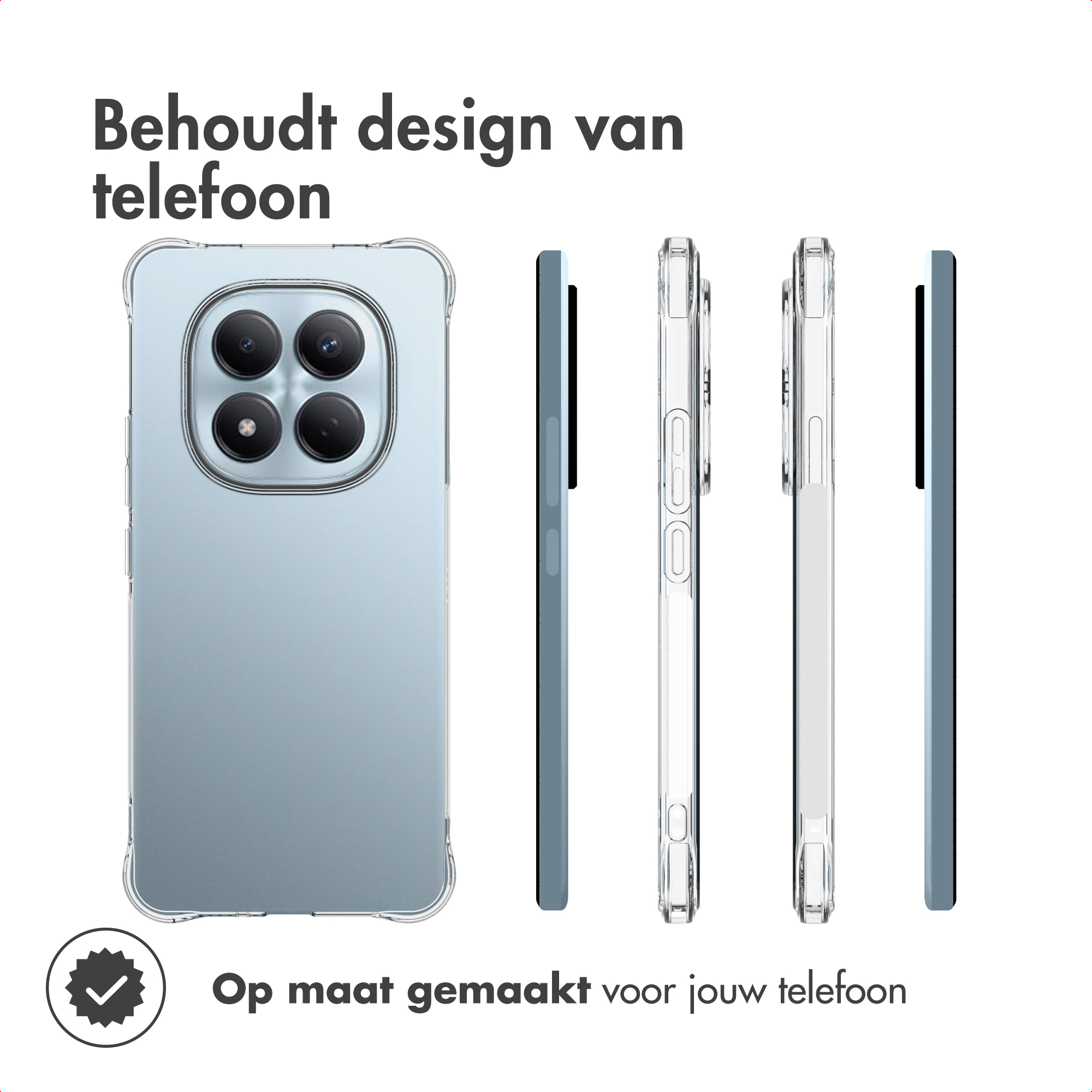 Design di cover trasparente per telefono che mostra retro e viste laterali.