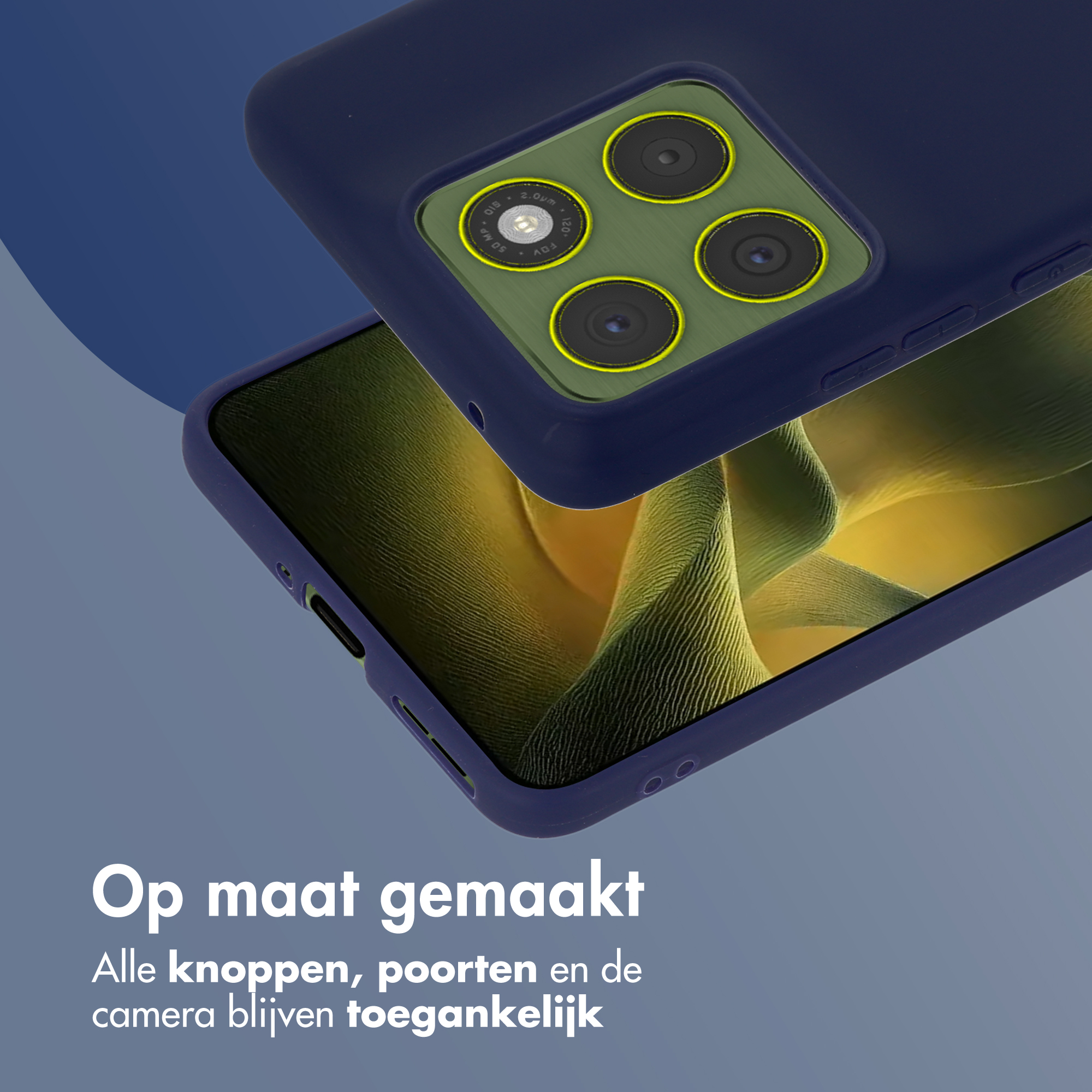 Custodia blu scuro per telefono con quattro fotocamere, bordata di giallo.
