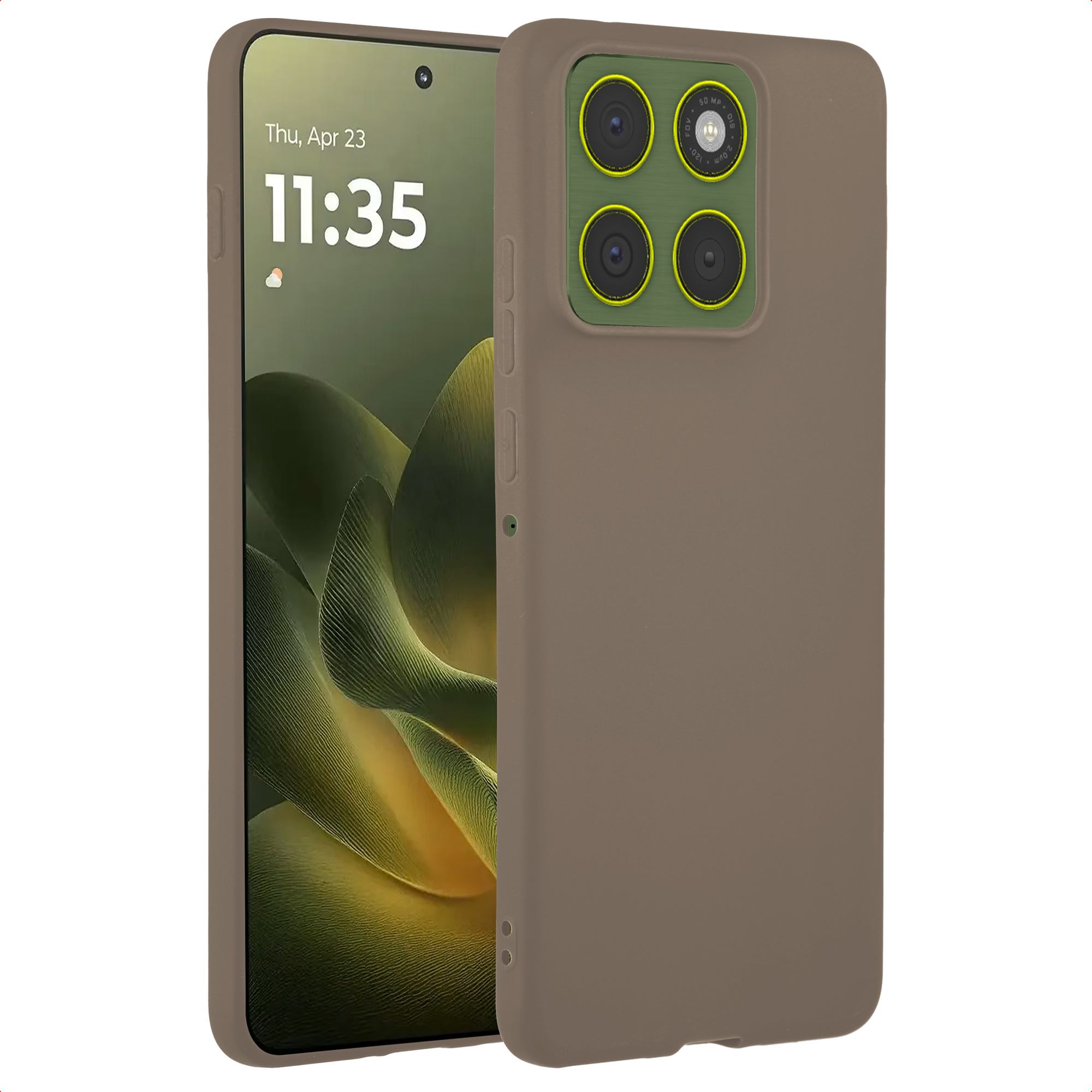 Coque marron avec quatre caméras et un smartphone affichant 11h35.