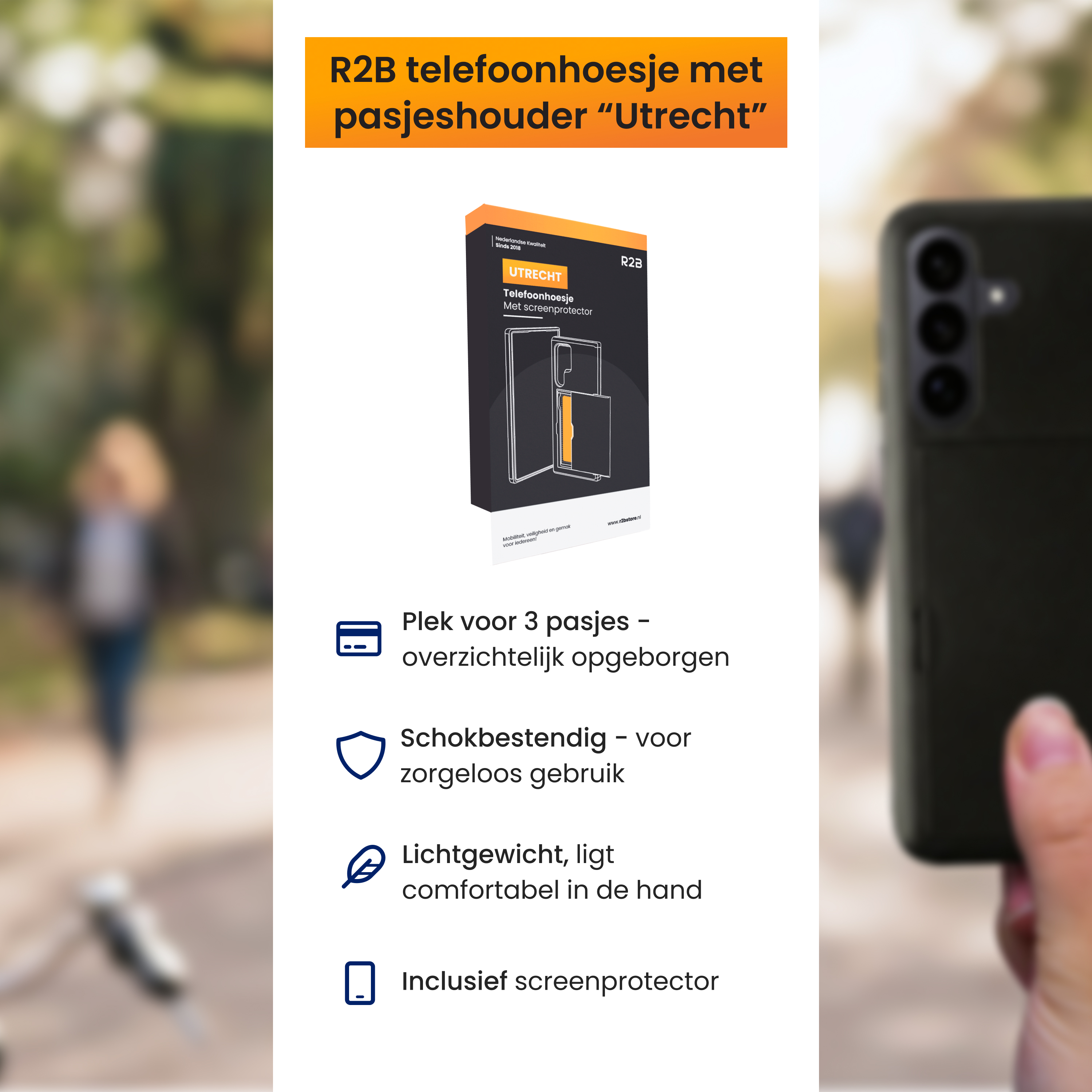 Produktbild: R2B Handyhülle mit Kartenfach "Utrecht" und Schutzfolie.