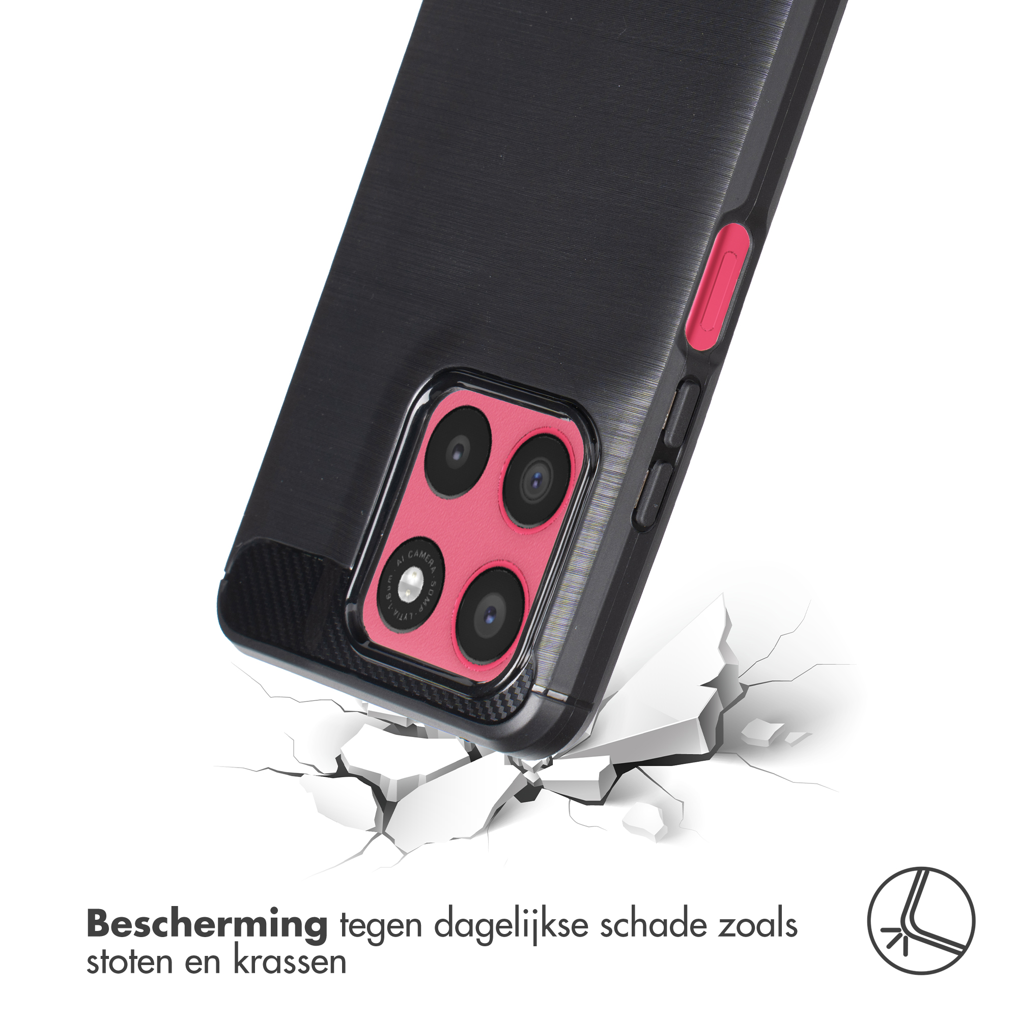 Coque de téléphone noire avec contour de caméra rose tombant sur sol craquelé.
