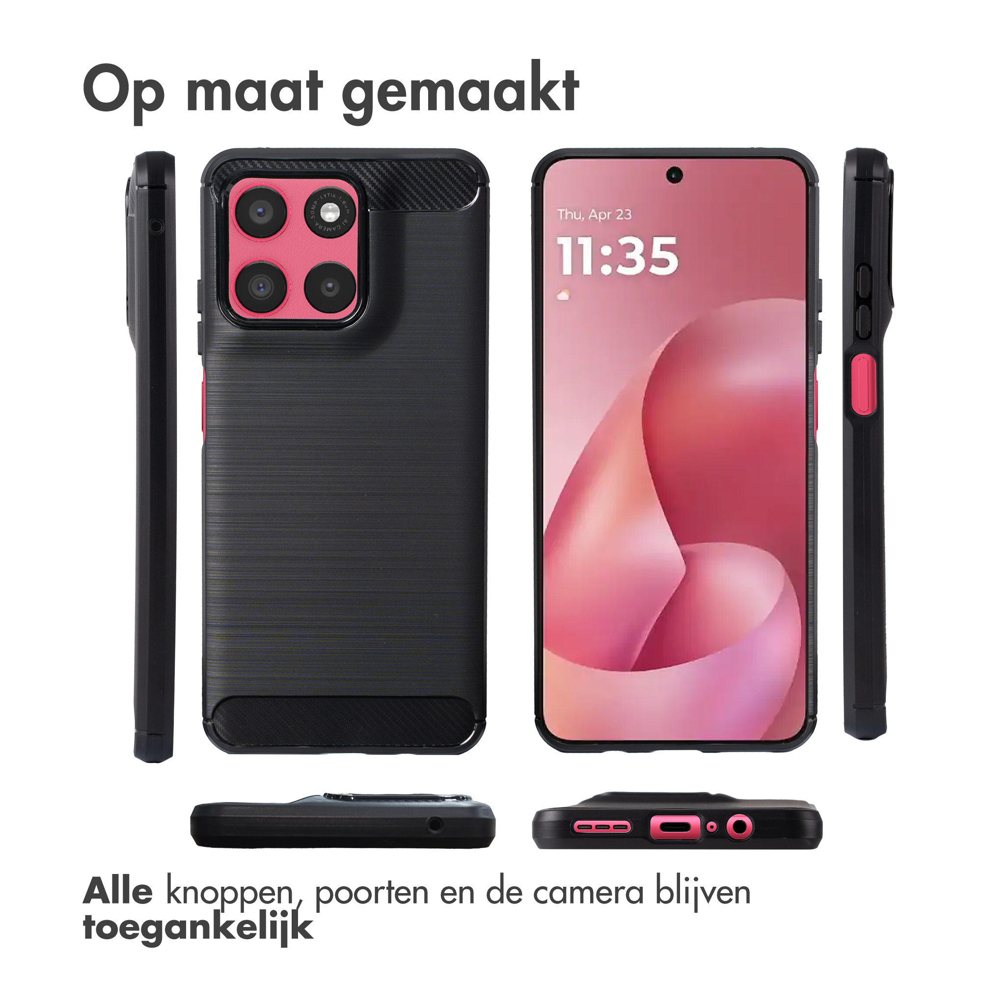 Un téléphone noir avec étui, montrant des accents roses et la caméra.