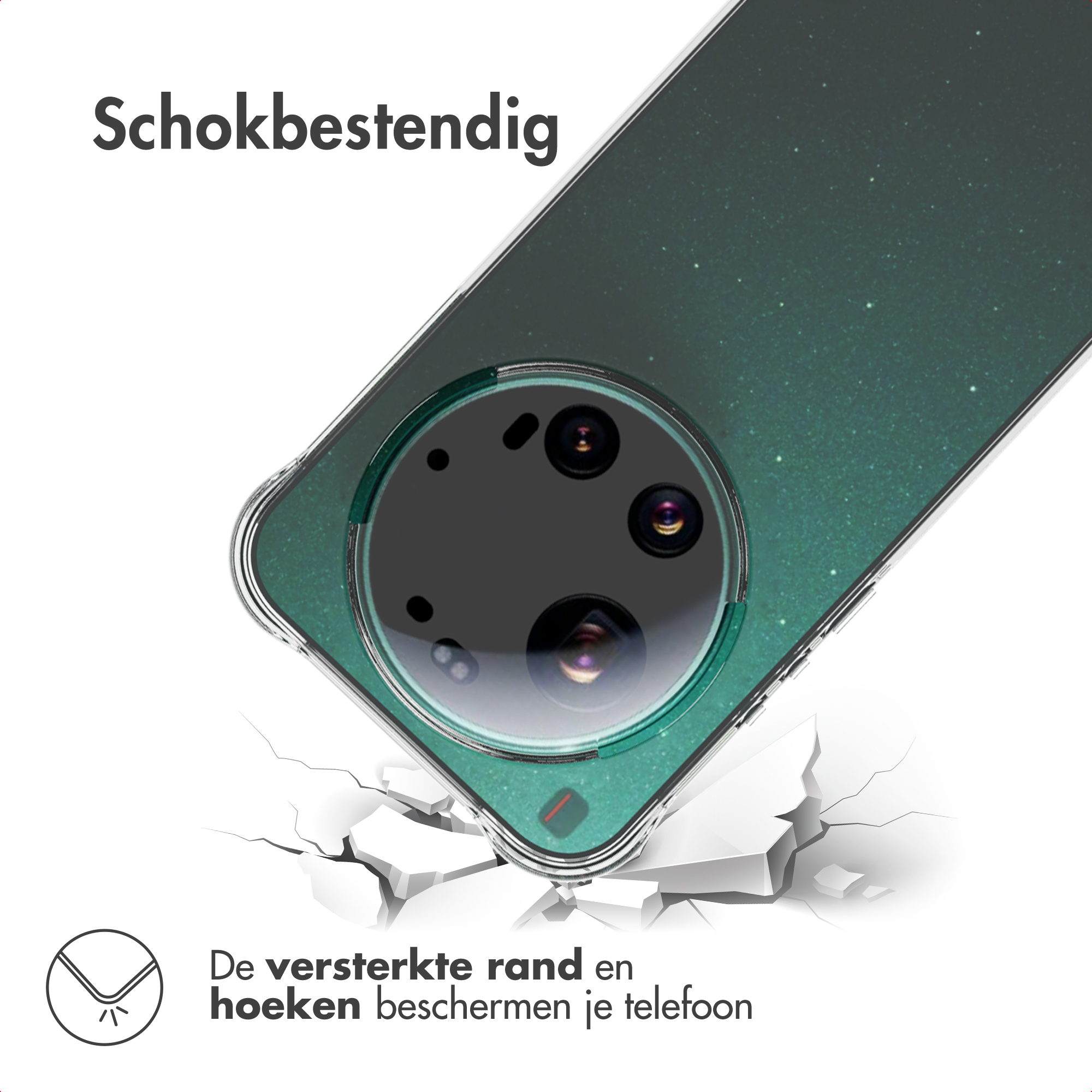 Schockresistentes Handycase mit Sternenmuster, das auf zerbrochenen Boden fällt.