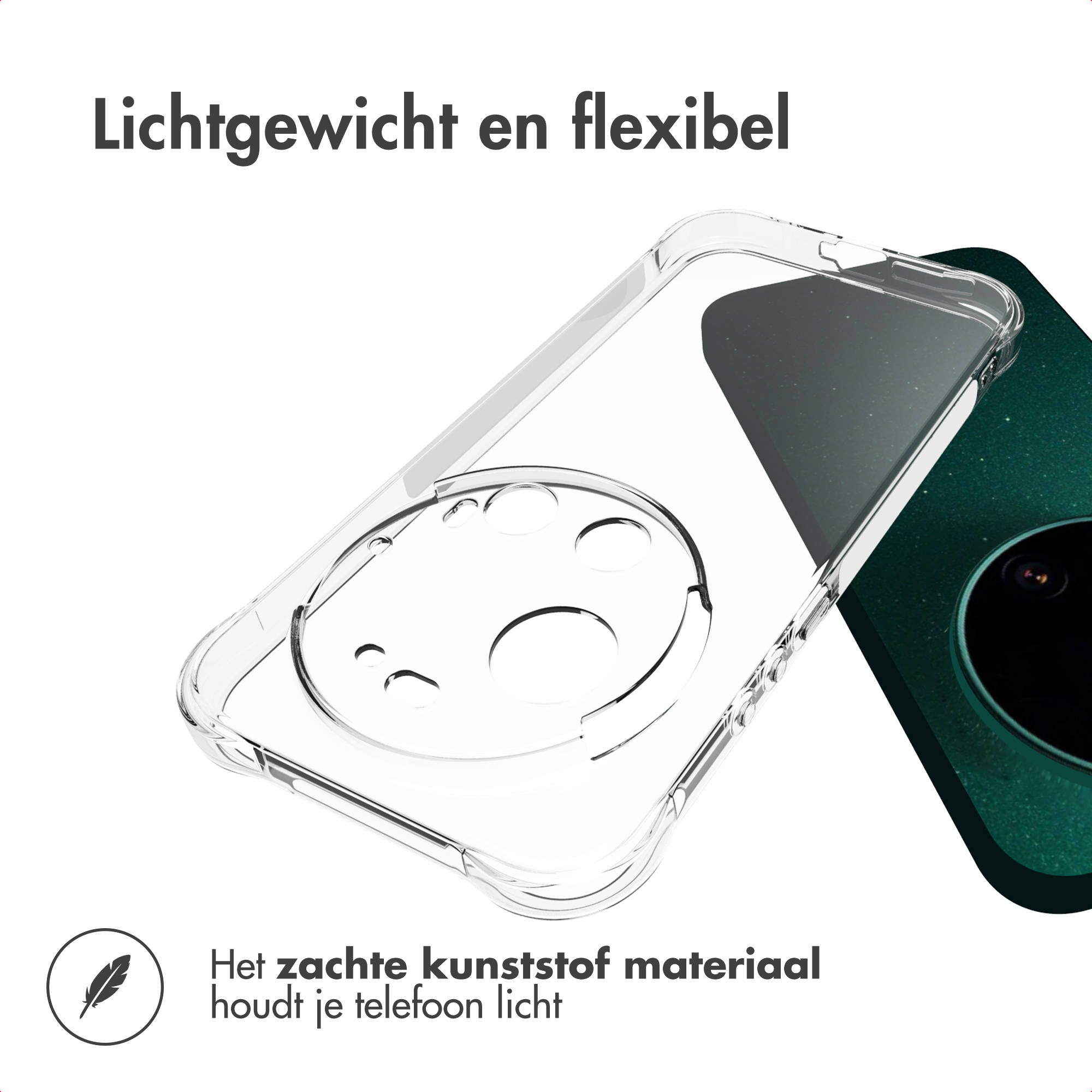 Transparente Handyhülle mit Feder-Symbol und Text über leichtes Material.