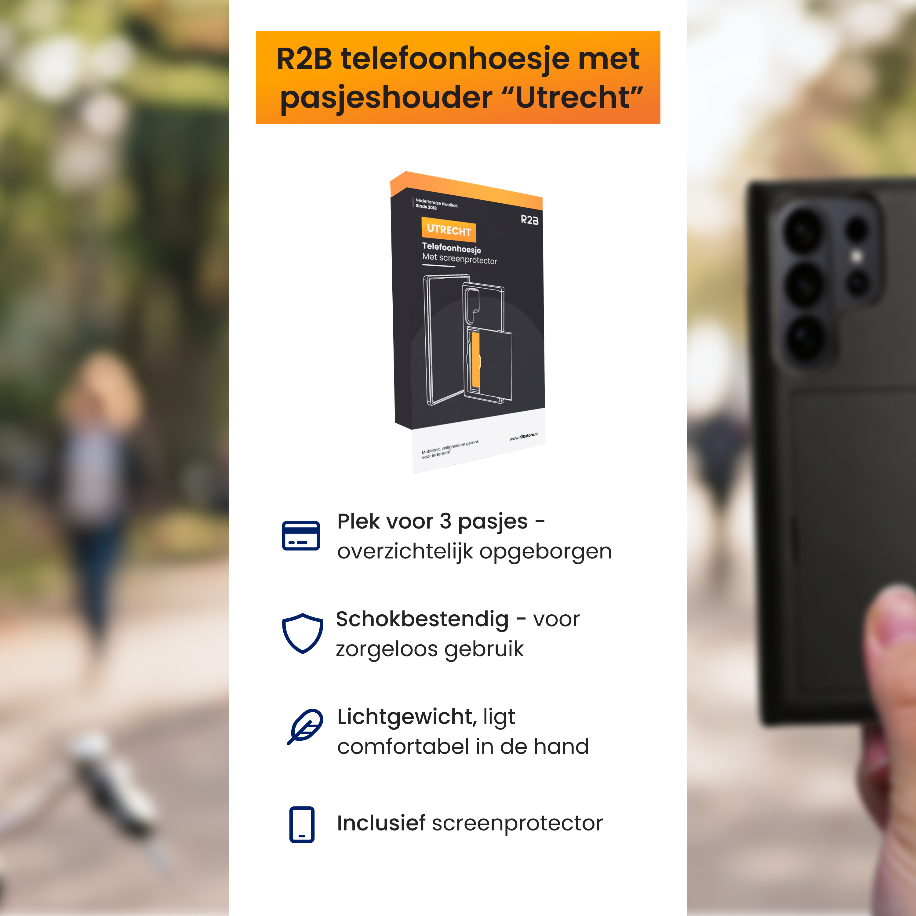 R2B Handyhülle mit Kartenhalter "Utrecht". Platz für 3 Karten, stoßfest, leicht.
