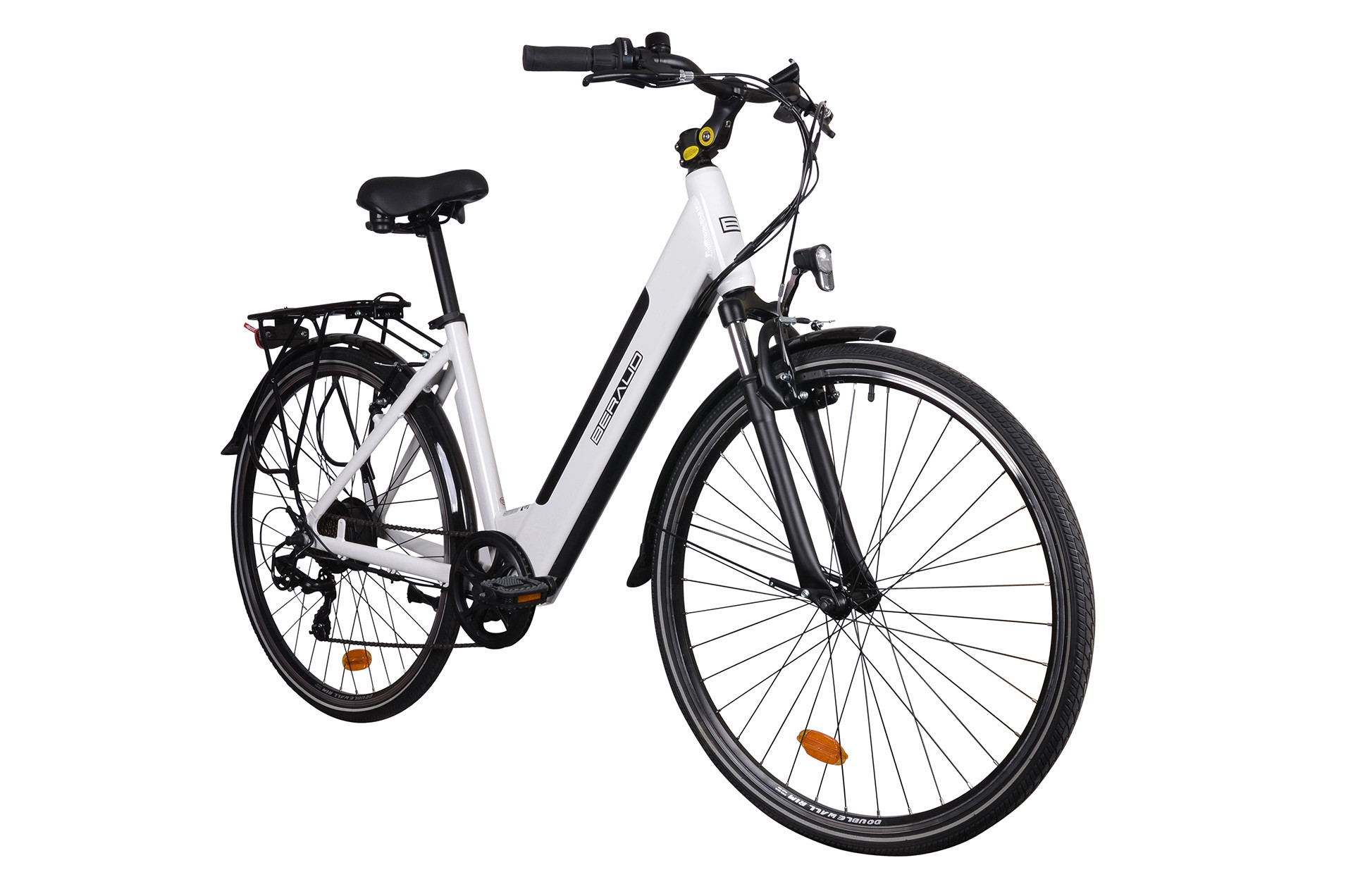 Biały rower damski z czarnym siodełkiem i bagażnikiem.