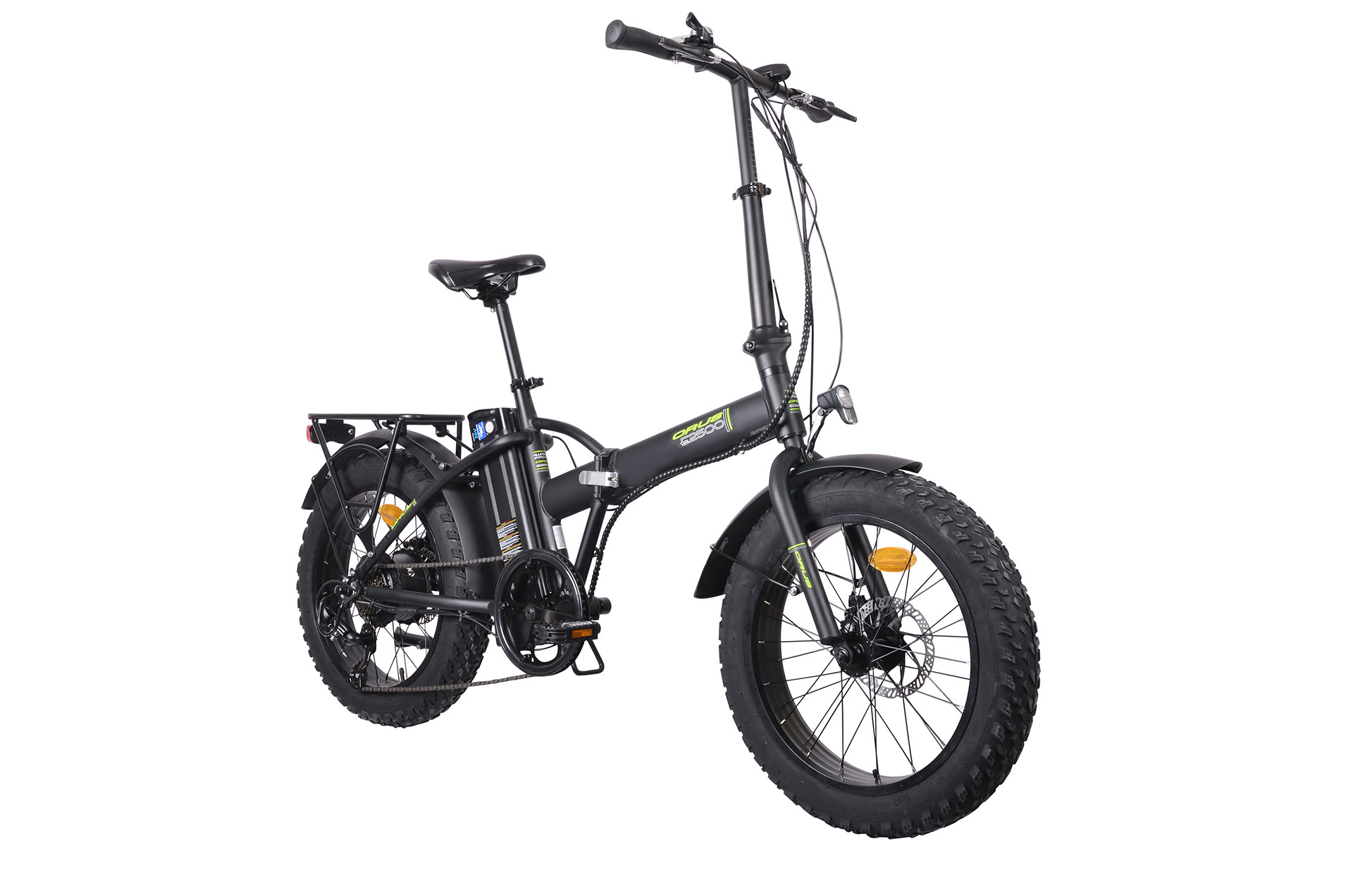 Czarny składany rower elektryczny z grubymi oponami i bagażnikiem.