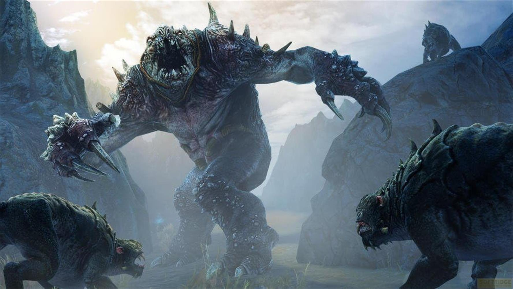 Un monstre géant avec des griffes se tient parmi des créatures plus petites dans un paysage montagneux.