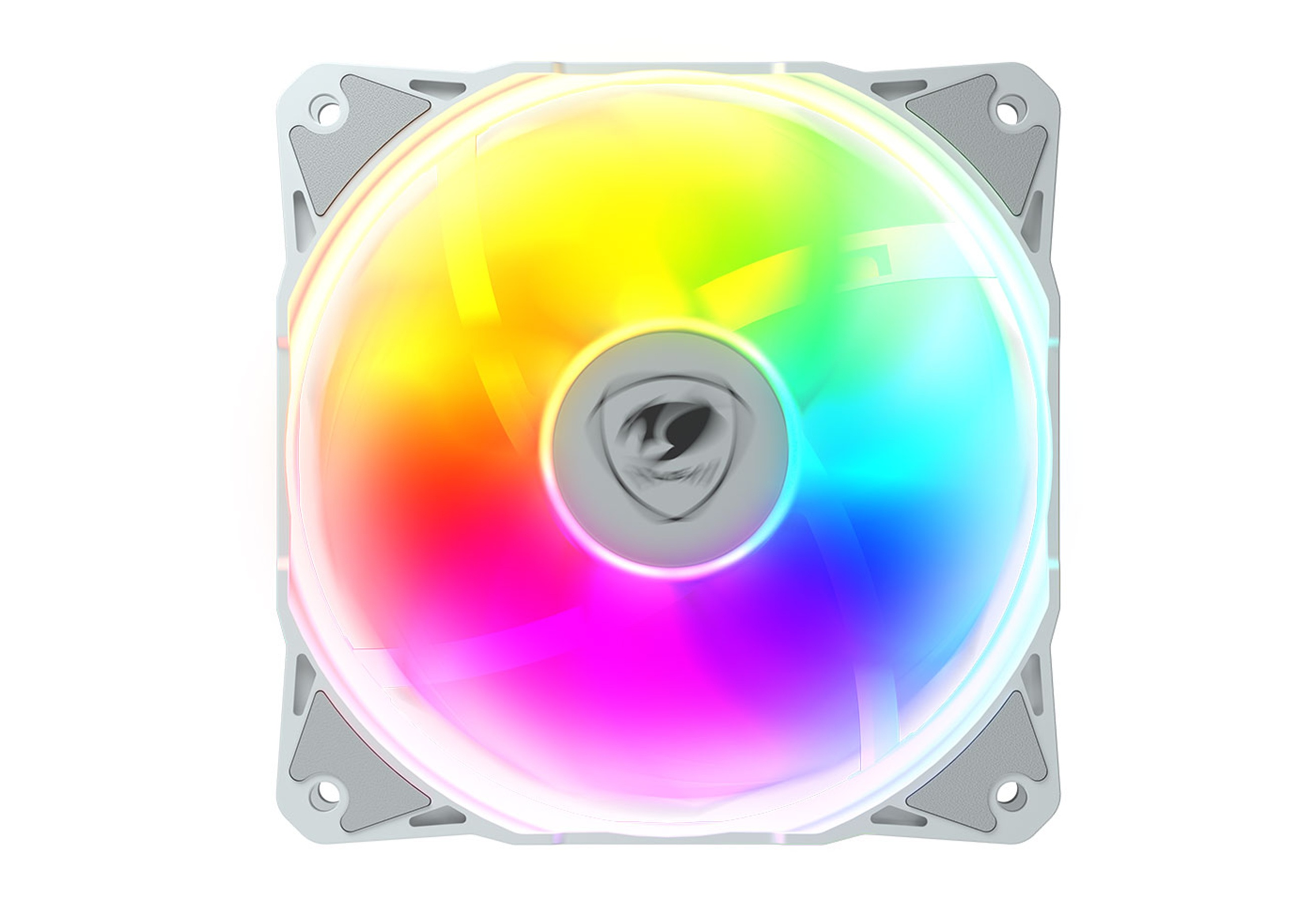 Biały wentylator komputerowy świeci kolorowymi diodami LED RGB.